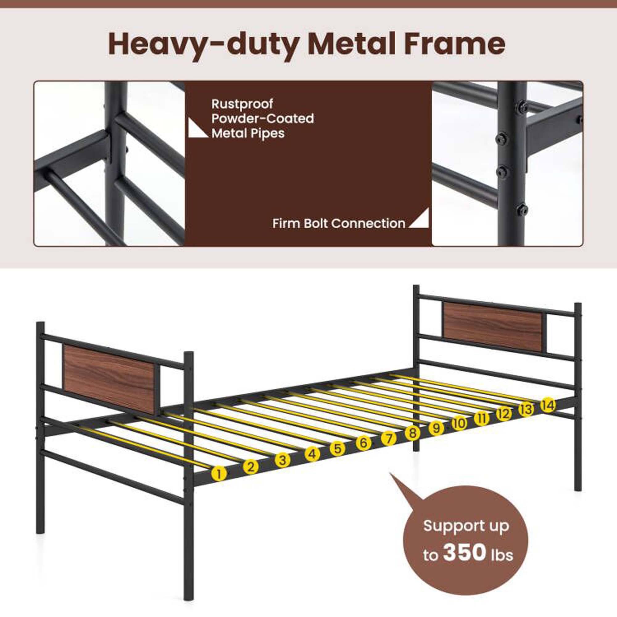 The text on the image reads: "Heavy-duty Metal Frame Rustproof Powder-Coated Metal Pipes Firm Bolt Connection 1 2 3 4 5 6 7 8 9 10 11 12 13 14 Support up to 350 lbs."