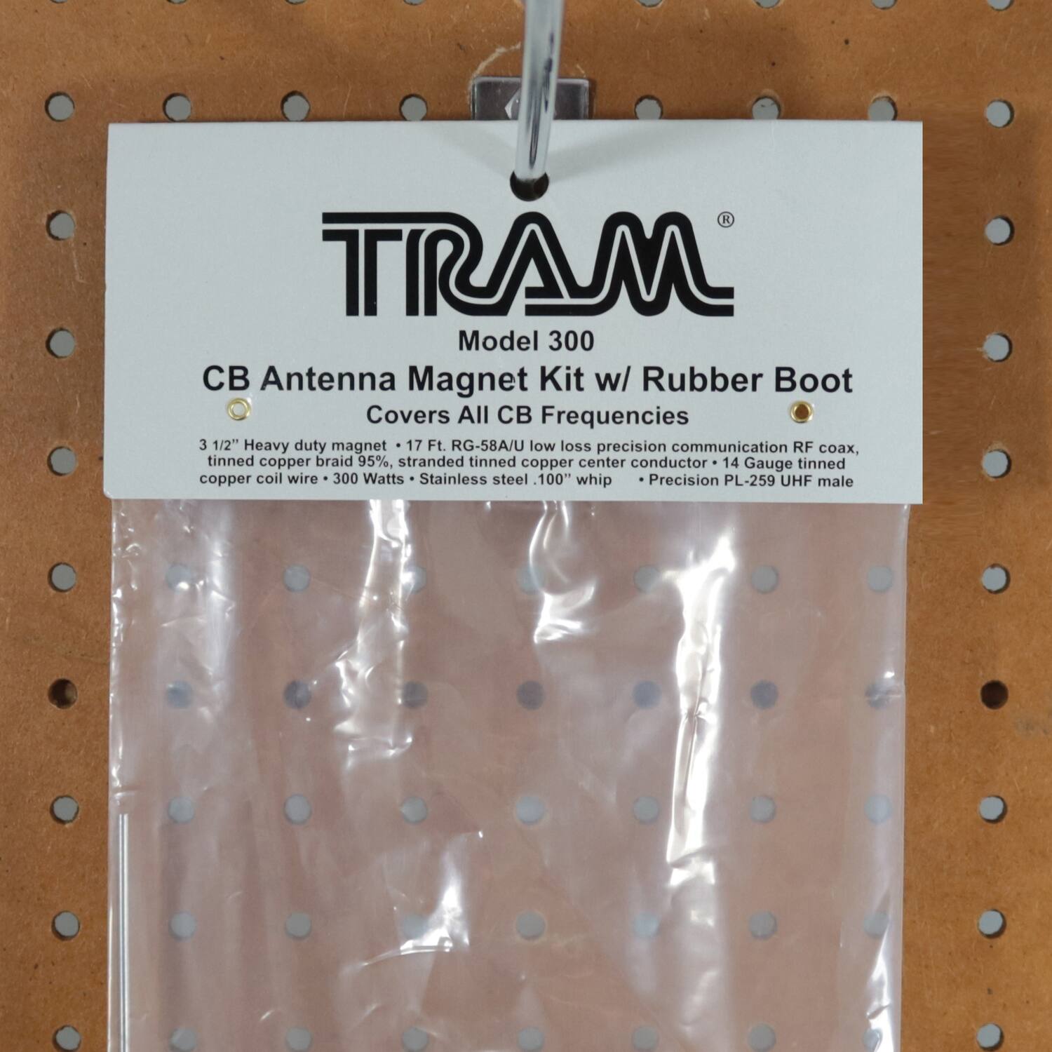 TRAM  
Model 300  
CB Antenna Magnet Kit w/ Rubber Boot  
Covers All CB Frequencies  

3 1/2" Heavy duty magnet • 17 Ft. RG-58A/U low loss precision communication RF coax, tinned copper braid 95%, stranded tinned copper center conductor • 14 Gauge tinned copper coil wire • 300 Watts • Stainless steel 100" whip • Precision PL-259 UHF male