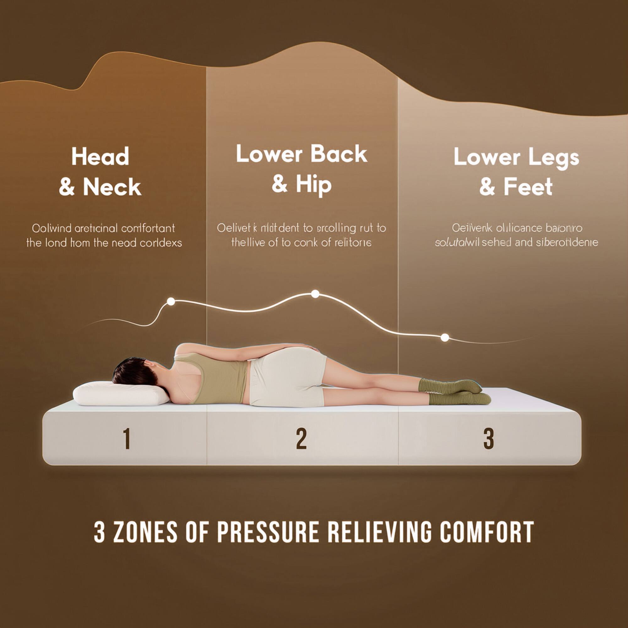 Head & Neck  
Lower Back & Hip  
Lower Legs & Feet  
Colivind areticinal comfortant the lond from the neod coridexs  
Oelivet k mait dent to orcolling rut to thellive of to conk of relitorie  
Oetivenk ollicance balonro solutalwil sehed and siberotidene  
1  
2  
3  
3 ZONES OF PRESSURE RELIEVING COMFORT