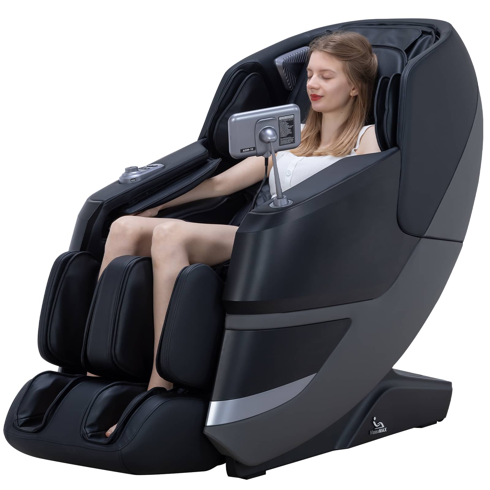 Front. MassaMax - MassaMAX MT339 4D Full Body Stretch Massage Chair ,Body Scan,Extended Footrest&Foot Rollers,Heat(Deep black) - Deep Black.