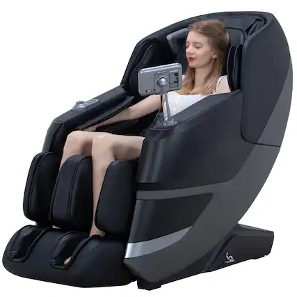 Front. MassaMax - MassaMAX MT339 4D Full Body Stretch Massage Chair ,Body Scan,Extended Footrest&Foot Rollers,Heat(Deep black) - Deep Black.
