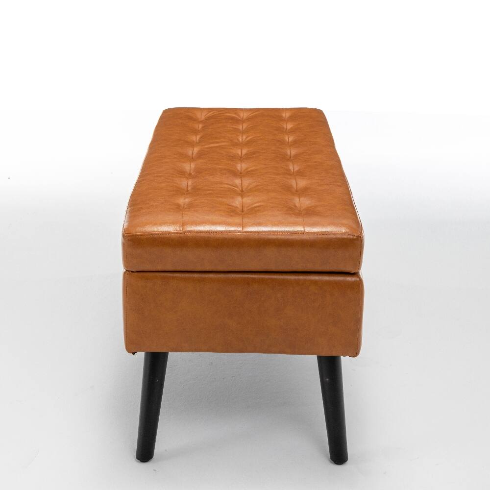 Alt View 6. Ropilly - Ropilly 43.3 Inch Brown Leather Storage Bench End of Bed Ottoman Entryway Bench with Wood Legs - Brown.