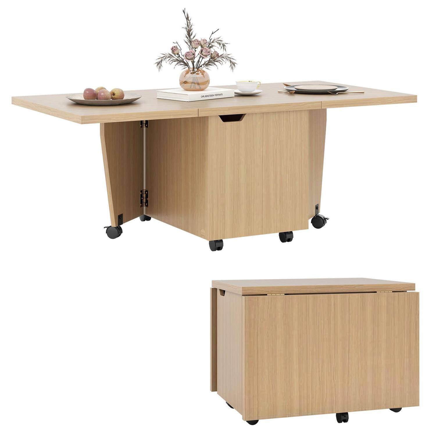 Back. Pefilos - Foldable Coffee Table, Built-in Storage Cabinet, Extendable Tabletop, Lockable Rolling Wheels, Oak - Brown.