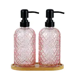 Dapper Styles - Glass Soap Dispenser With 304 Rustproof Stainless Pump Refillable For Kitchen Bathroom Farmhouse - Pink-2pack& Tray