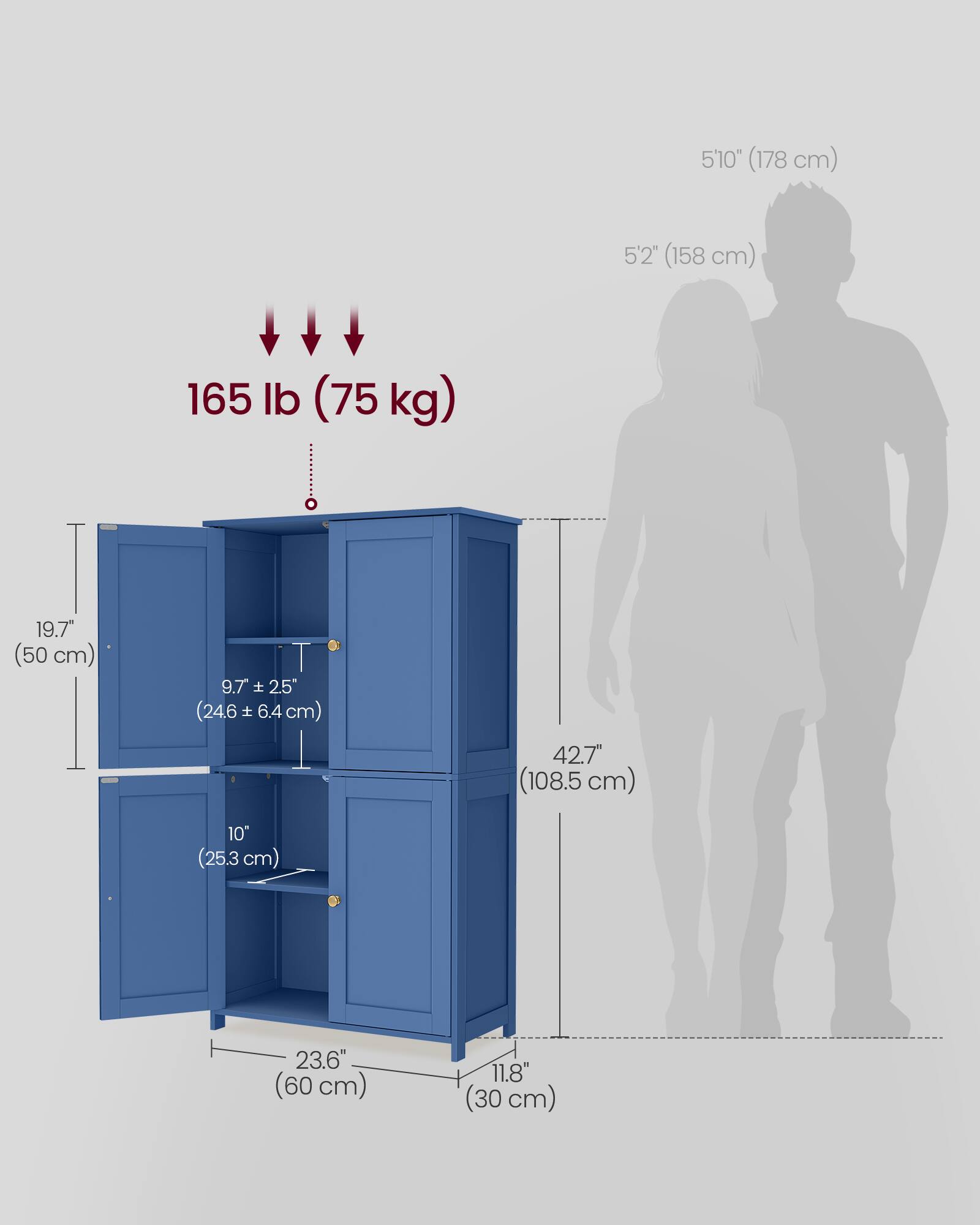 5'10" (178 cm)  
5'2" (158 cm)  
165 lb (75 kg)  
19.7" (50 cm)  
9.7" x 2.5" (24.6 cm x 6.4 cm)  
42.7" (108.5 cm)  
10" (25.3 cm)  
23.6" (60 cm)  
11.8" (30 cm)