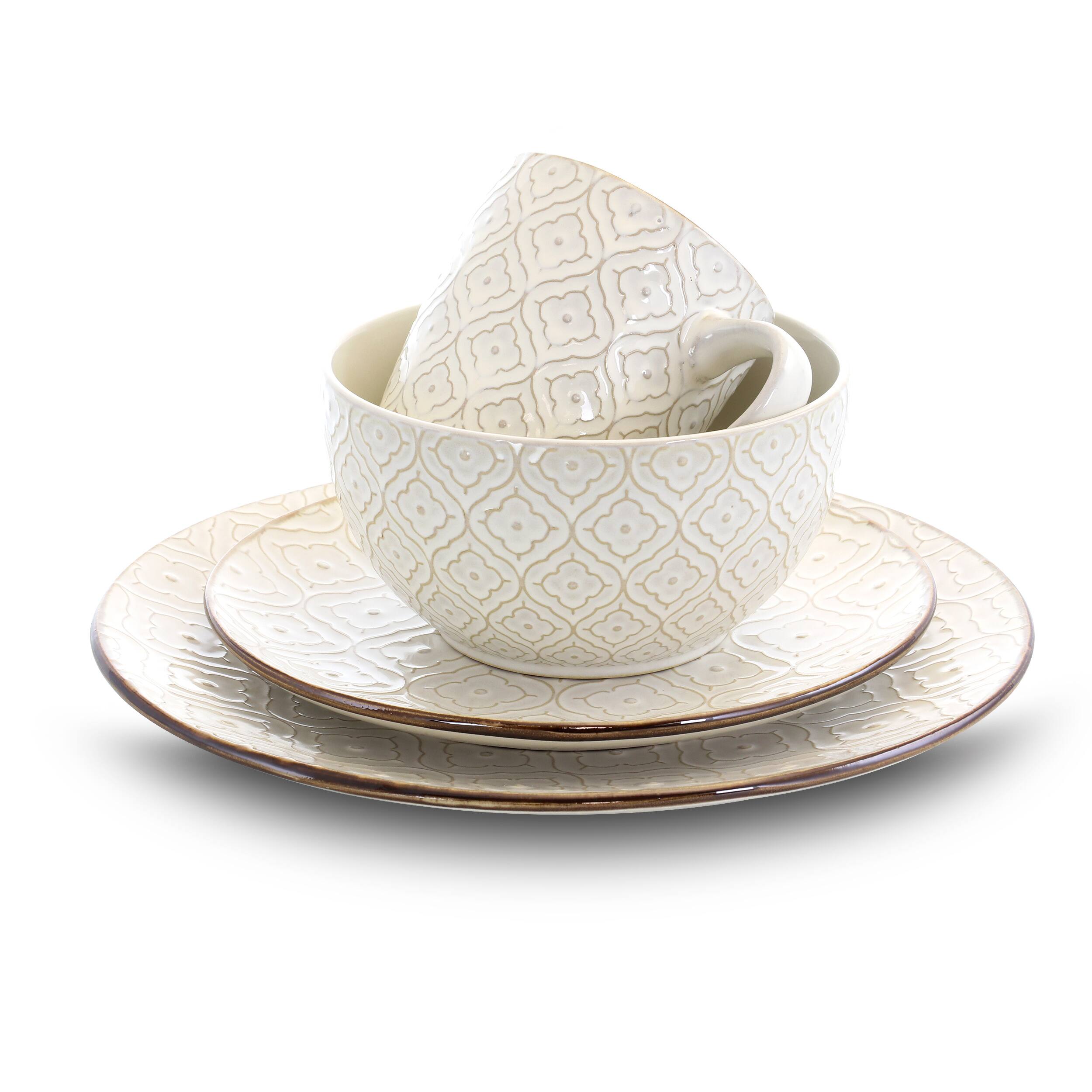 Alt View 9. Elama - Elama White Lily 16 Piece Luxurious Stoneware Dinnerware with Complete Setting for 4 - White Lily.