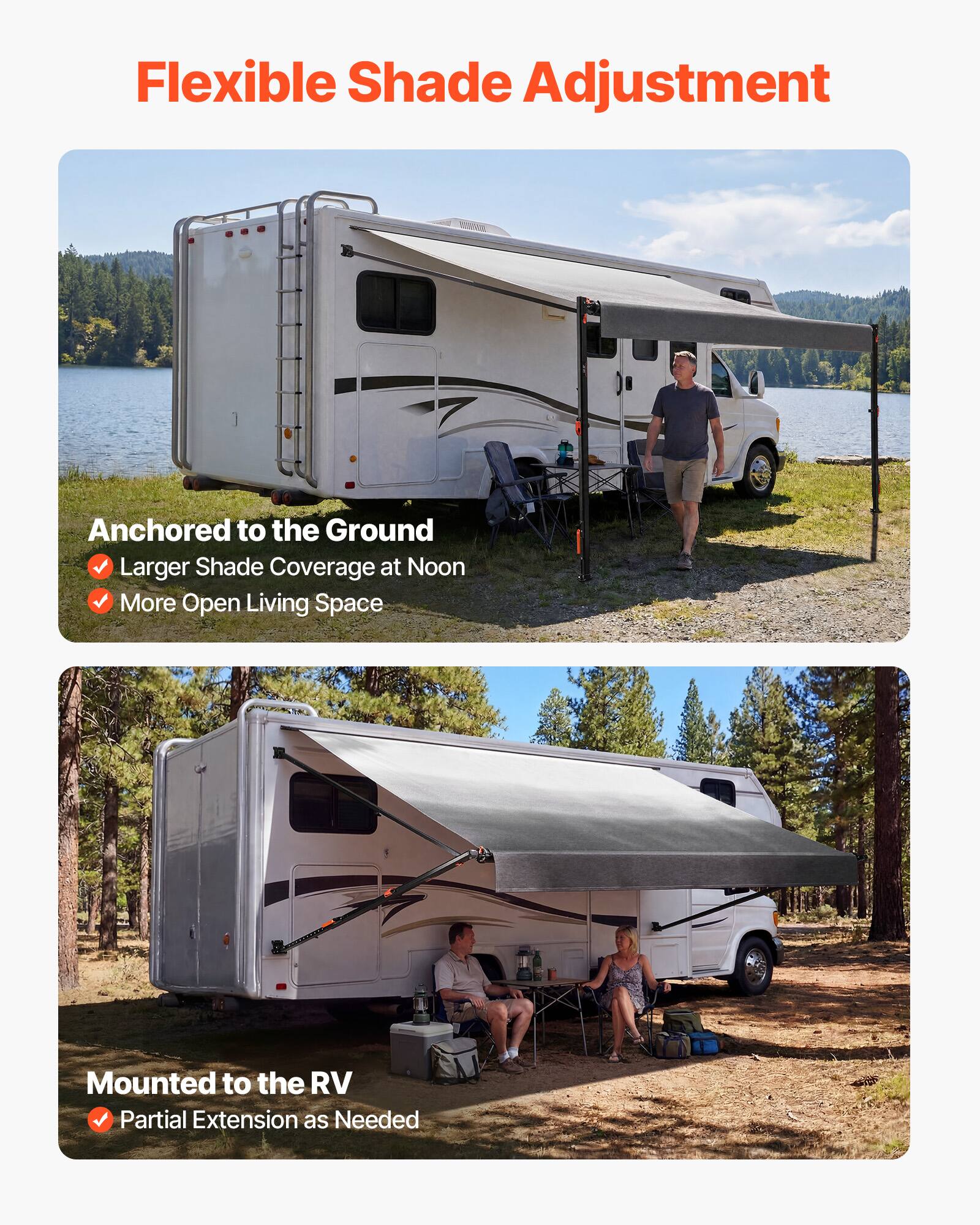 Flexible Shade Adjustment

- Anchored to the Ground
  - Larger Shade Coverage at Noon
  - More Open Living Space

- Mounted to the RV
  - Partial Extension as Needed