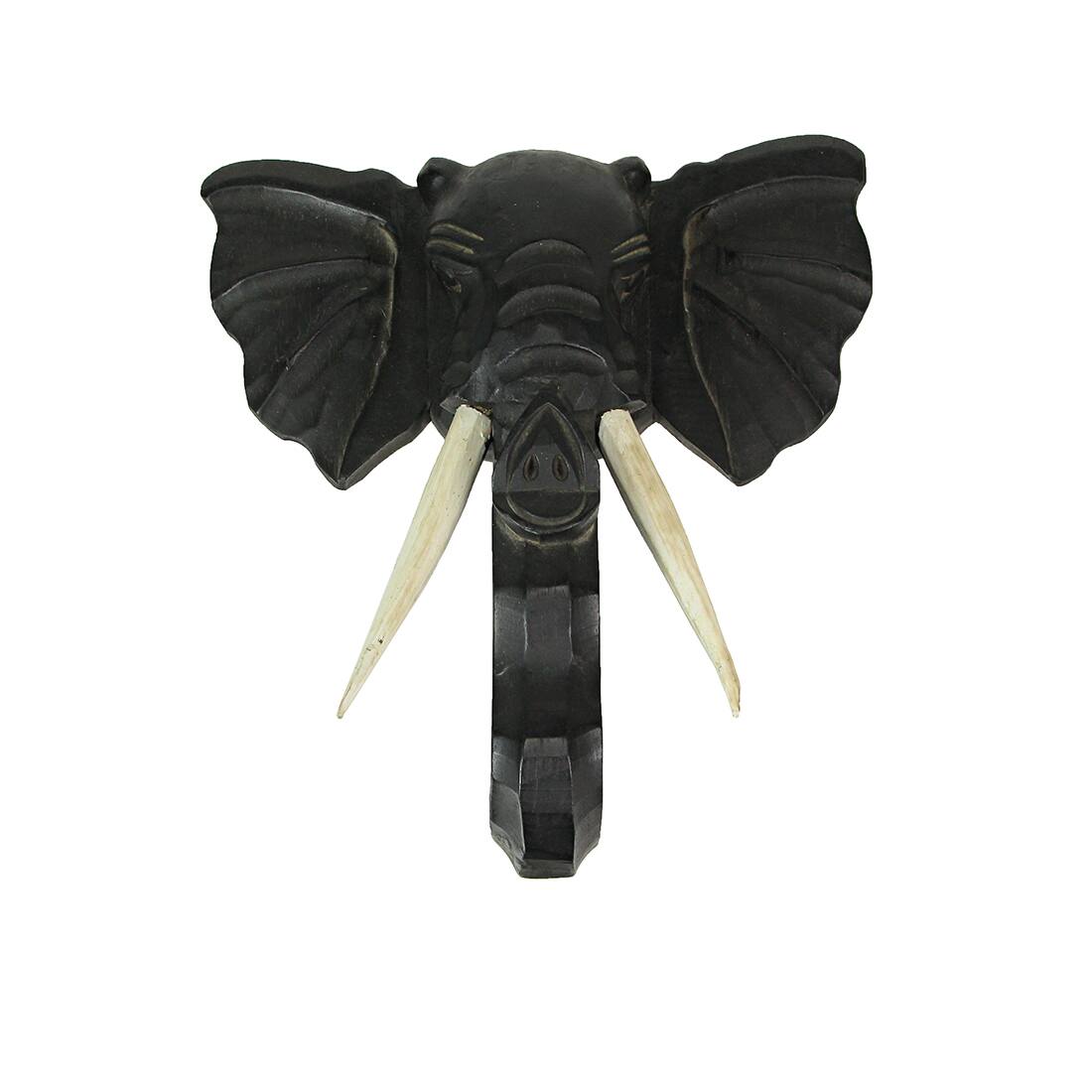 Alt View 1. Zeckos - Hand Carved 12 Inch Black Elephant Head Wooden Wall Hanging Sculpture Safari Art - Black.