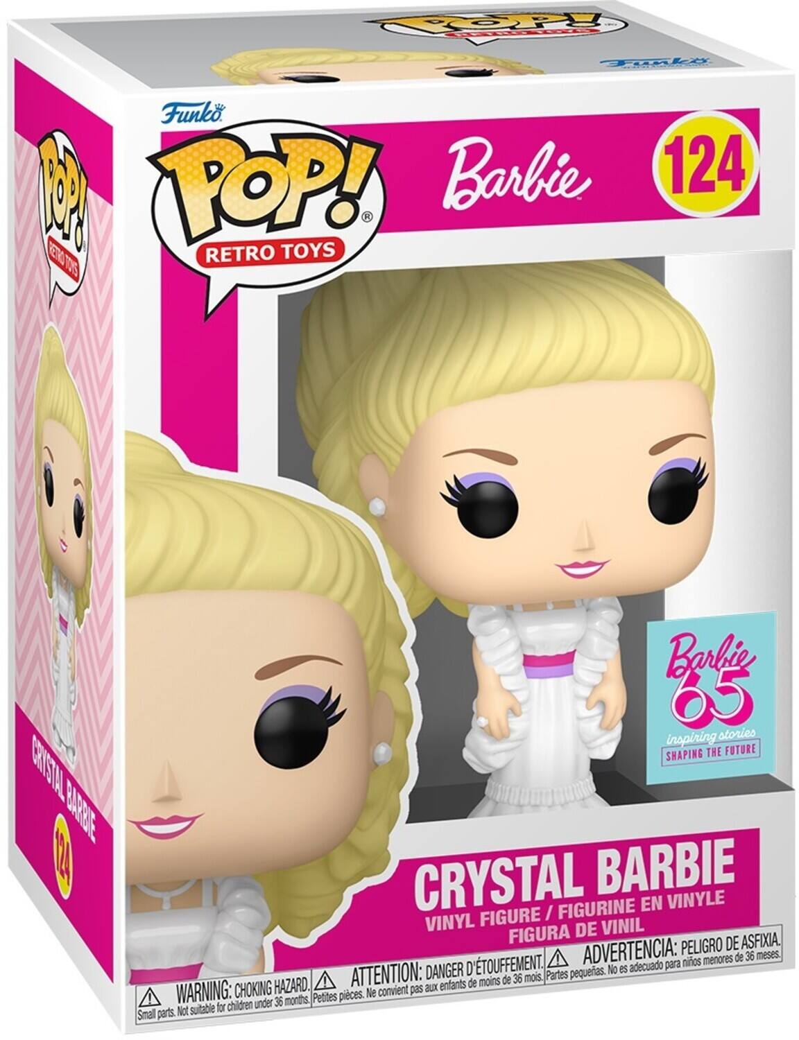 The text on the image is:

"Funko POP! RETRO TOYS Barbie 124
CRYSTAL BARBIE
VINYL FIGURE / FIGURINE EN VINYLE
FIGURA DE VINIL
ADVERTENCIA: PELIGRO DE ASFIXIA. Partes pequeñas. No es adecuado para niños menores de 36 meses.
ATTENTION: DANGER D'ÉTOUFFEMENT. Petites pièces. Ne convient pas aux enfants de moins de 36 mois.
WARNING: CHOKING HAZARD. Small parts. Not suitable for children under 36 months."

Corrected and grouped text:

"Funko POP! RETRO TOYS Barbie 124
CRYSTAL BARBIE
VINYL FIGURE / FIGURINE EN VINYLE
FIGURA DE VINIL
ADVERTENCIA: PELIGRO DE ASFIXIA. Partes pequeñas. No es adecuado para niños menores de 36 meses.
ATTENTION: DANGER D'ÉTOUFFEMENT. Petites pièces. Ne convient pas aux enfants de moins de 36 mois.
WARNING: CHOKING HAZARD. Small parts. Not suitable for children under 36 months."