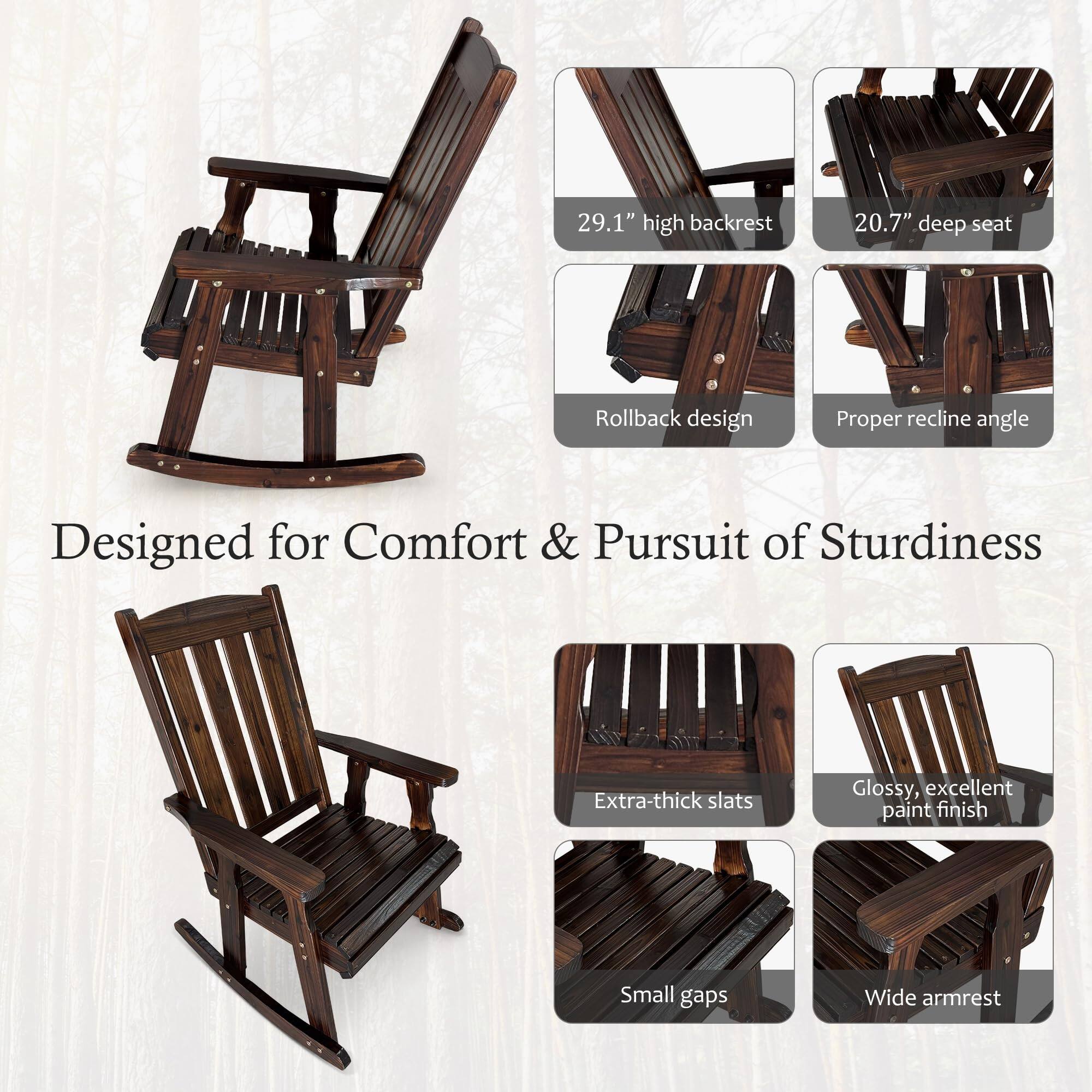 Designed for Comfort & Pursuit of Sturdiness

- 29.1" high backrest
- 20.7" deep seat
- Rollback design
- Proper recline angle
- Extra-thick slats
- Glossy, excellent paint finish
- Small gaps
- Wide armrest