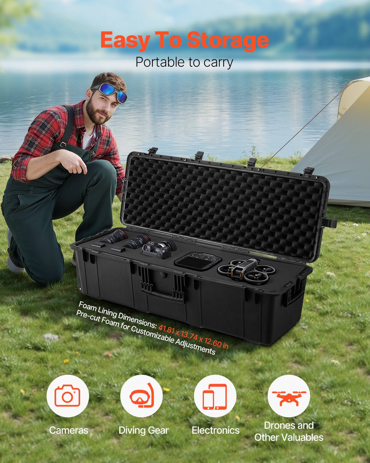 Easy To Storage  
Portable to carry  

Foam Lining Dimensions: 41.81 x 13.74 x 12.60 in  
Pre-cut Foam for Customizable Adjustments  

Cameras  
Diving Gear  
Electronics  
Drones and Other Valuables