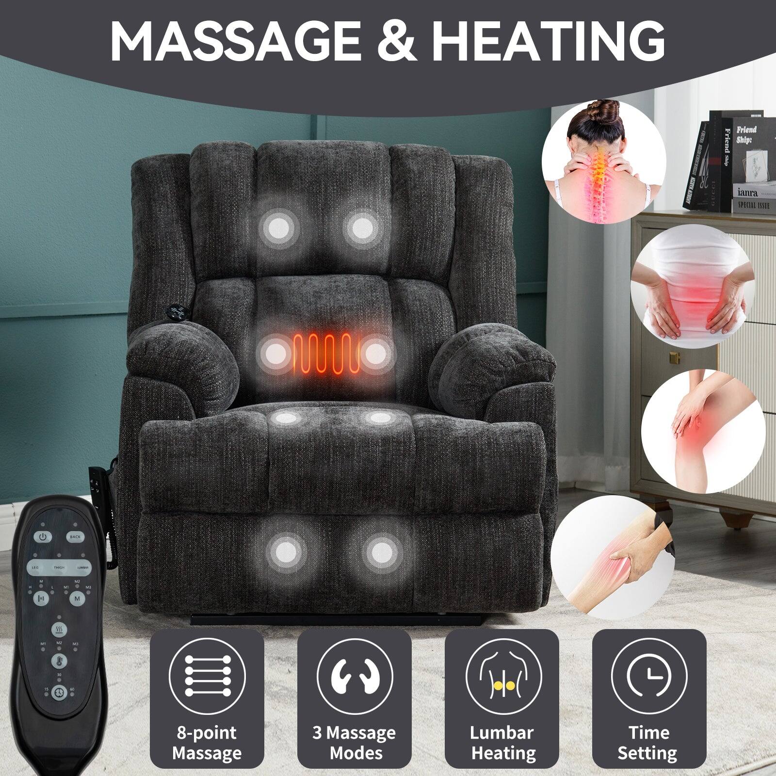 MASSAGE & HEATING

8-point Massage
3 Massage Modes
Lumbar Heating
Time Setting