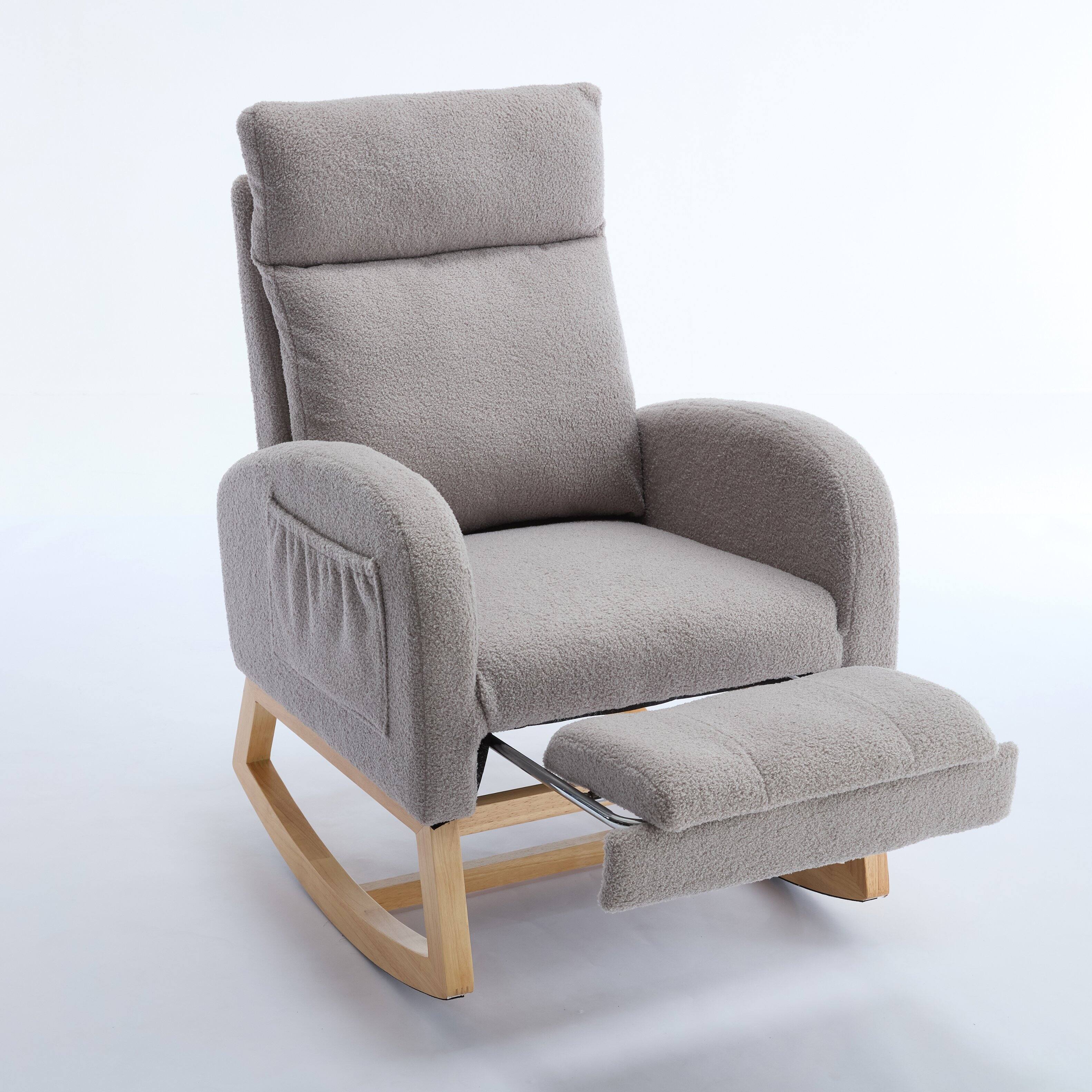 Left. Whisen - Teddy Fabric Ergonomic Rocking Chair with Adjustable Footstool - Light Gray.