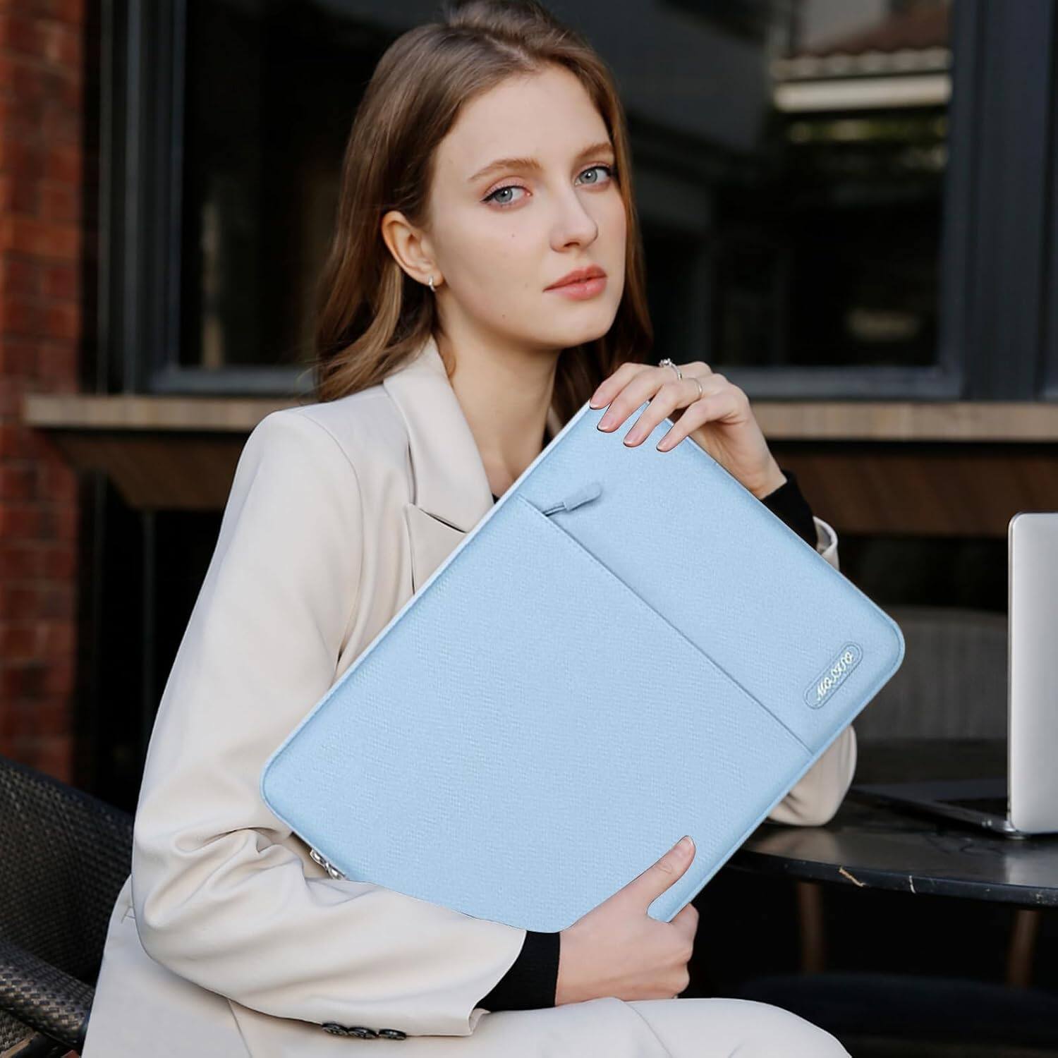 Alt View 1. mosiso - 15-16 Inch Laptop Sleeve with Pocket, Polyester Vertical Case for MacBook Pro 16 M5 M4 M3 M2 M1,HP Acer Dell Lenovo ASUS - Air Blue.
