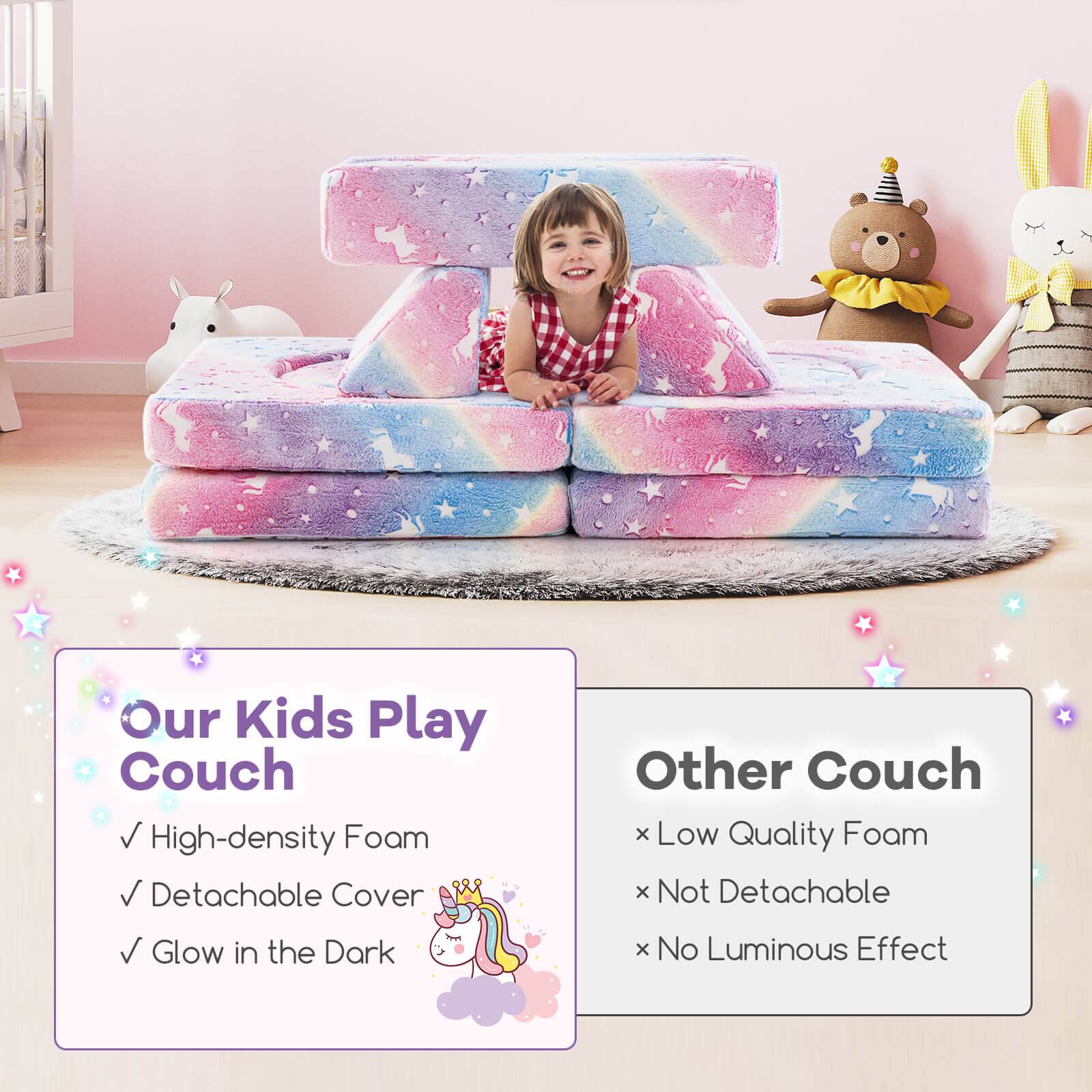 Our Kids Play Couch  
✓ High-density Foam  
✓ Detachable Cover  
✓ Glow in the Dark  

Other Couch  
× Low Quality Foam  
× Not Detachable  
× No Luminous Effect
