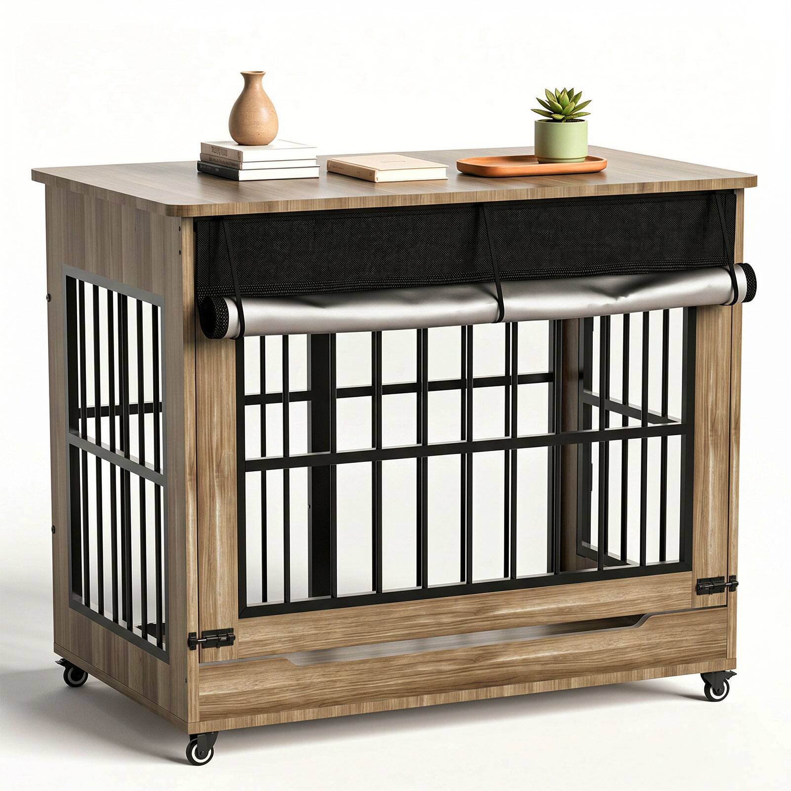 Angle. Anysun - 46" Wooden Dog Crate Furniture, Double Door Indoor Kennel, Decorative Pet Cage End Table w/ Wheels, for Extra Large Dogs.