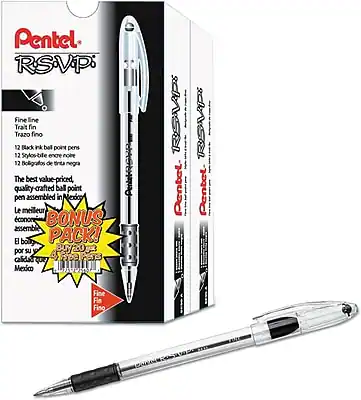 Pentel RSVP
Fine line
Trait fin
Trazo fino
12 Black ink ball point pens
12 Stylos-bille encre noire
12 Bolígrafos de tinta negra
The best value-priced, quality crafted ball point pen assembled in Mexico
Le meilleur rapport qualité-prix, stylo à bille assemblé au Mexique
BONUS PACK!
PACK BONUS!
Fine
Fin
Fino