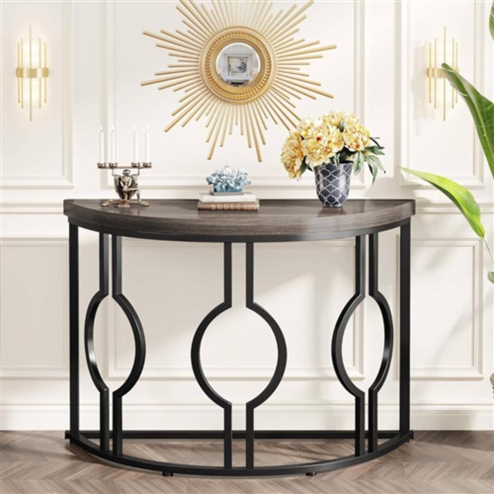 Alt View 1. Hivvago - Modern 43-inch Half Moon Accent Sofa Table with Grey Wood Top Black Frame - Grey, Black.