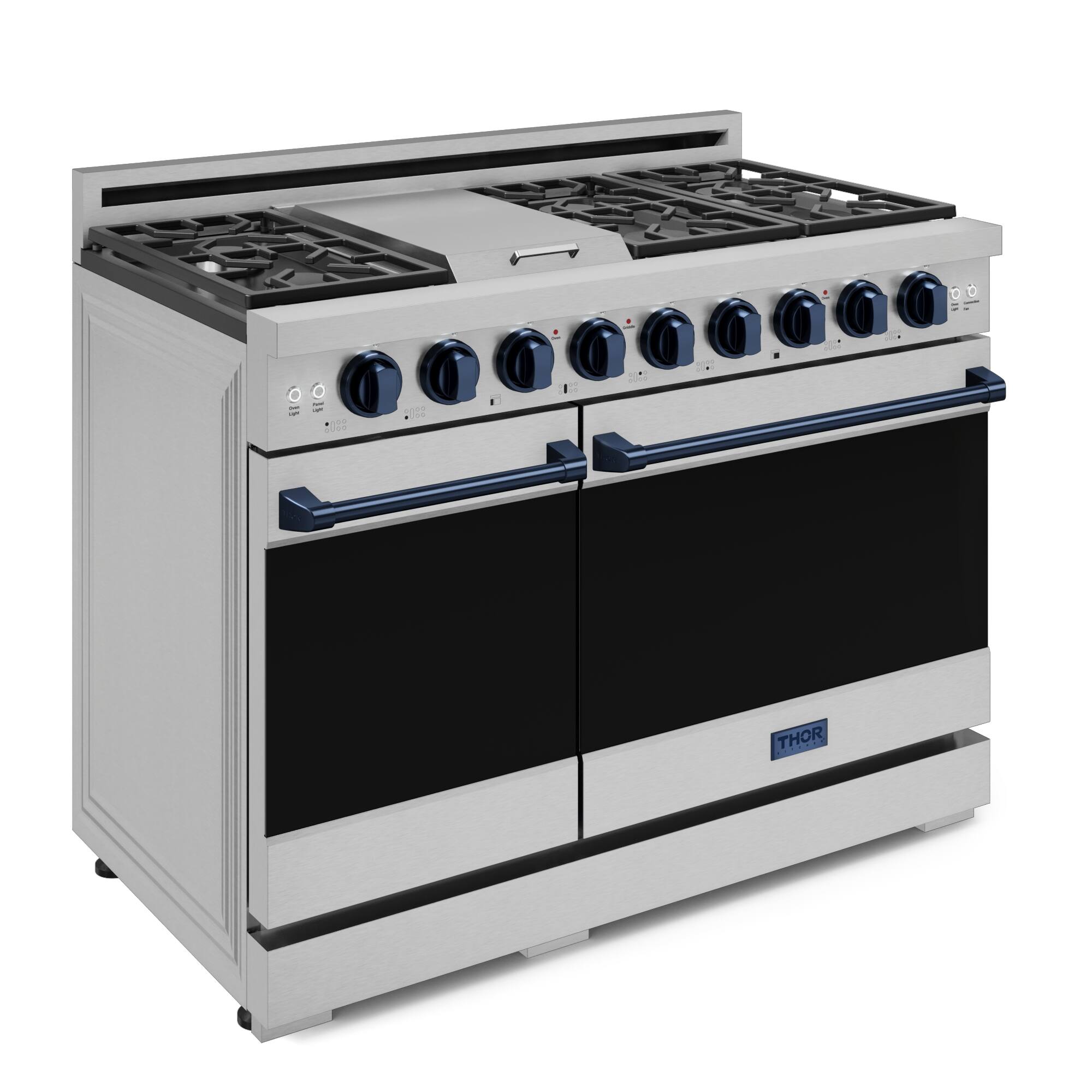 Left. Thor Kitchen - Gordon Ramsay Series by Thor Kitchen 6.8 Cu. Ft Freestanding Gas Range with Navy Blue Hardware - Stainless Steel.