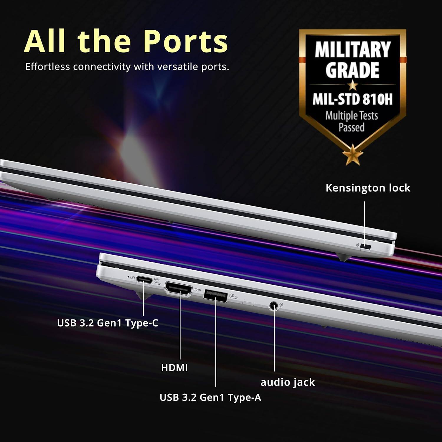 All the Ports  
Effortless connectivity with versatile ports.

MILITARY GRADE  
MIL-STD 810H  
Multiple Tests Passed

- Kensington lock
- USB 3.2 Gen1 Type-C
- HDMI
- audio jack
- USB 3.2 Gen1 Type-A