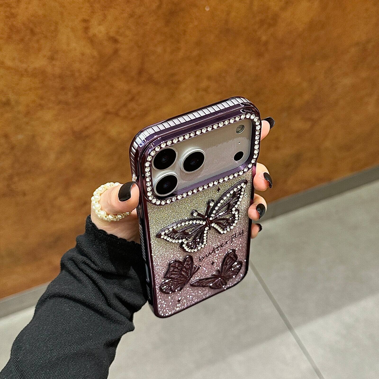 Alt View 6. UUCOVER - For Apple iPhone 17 Pro Slim Case, 3D Bling Rhinestone Butterfly Glitter Paper Electroplated TPU Bumper Clear Back Cover - Purple.
