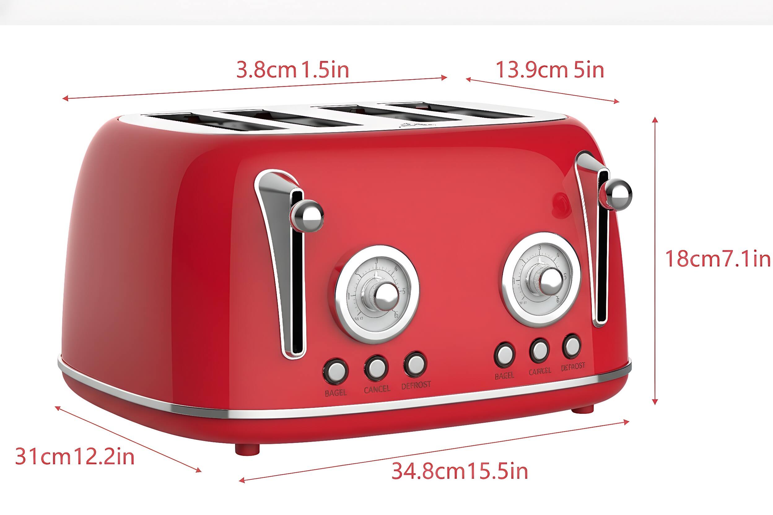 3.8cm 1.5in  
13.9cm 5in  
18cm 7.1in  
31cm 12.2in  
34.8cm 15.5in  

BAGEL  
CANCEL  
DEFROST  
BAGEL  
CANCEL  
DEFROST