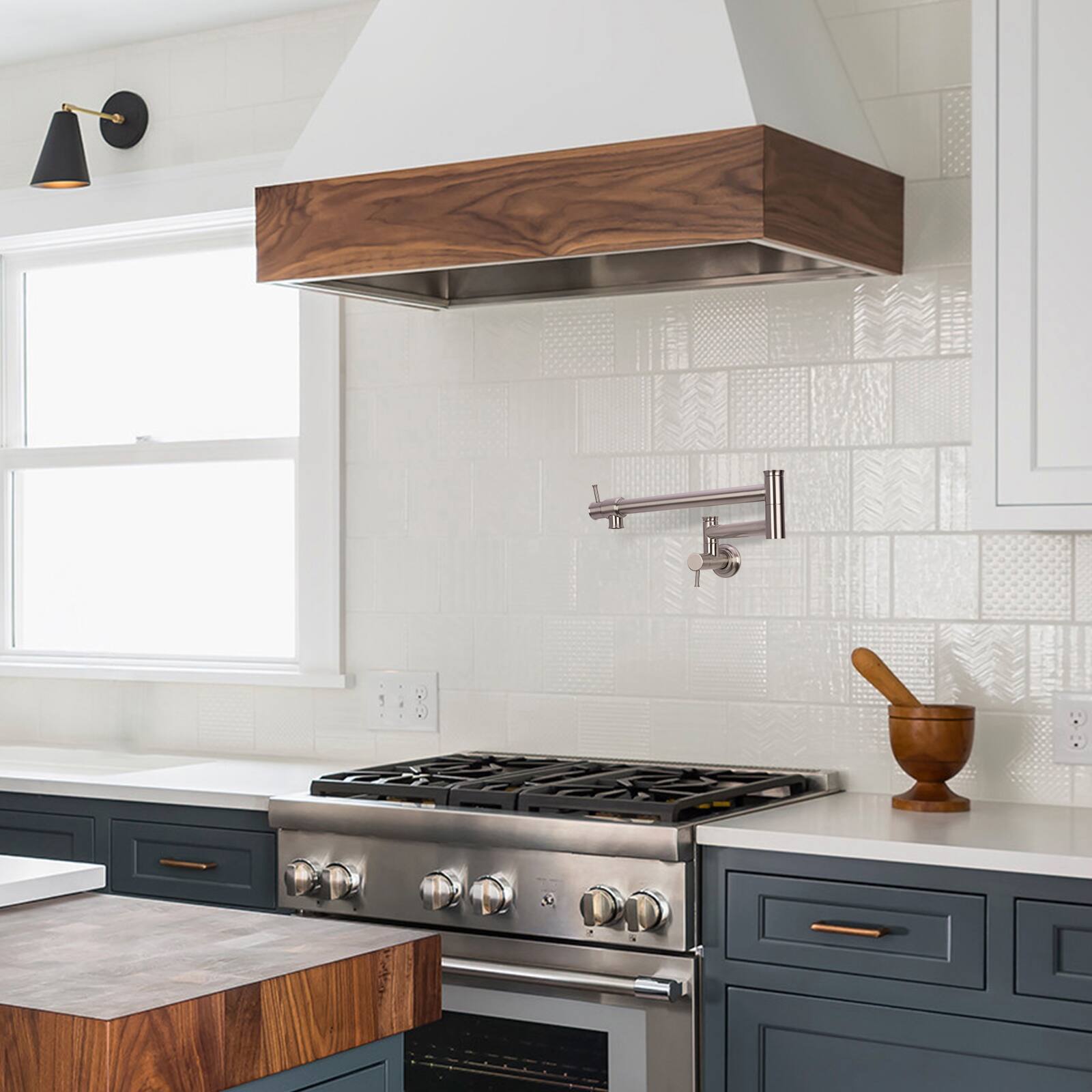 Alt View 4. Akicon - Akicon Solid Brass Wall-Mounted Pot Filler Kitchen Faucet with Double Joint Swing Arms for Stovetop in Brushed Nickel - Brushed Nickel.