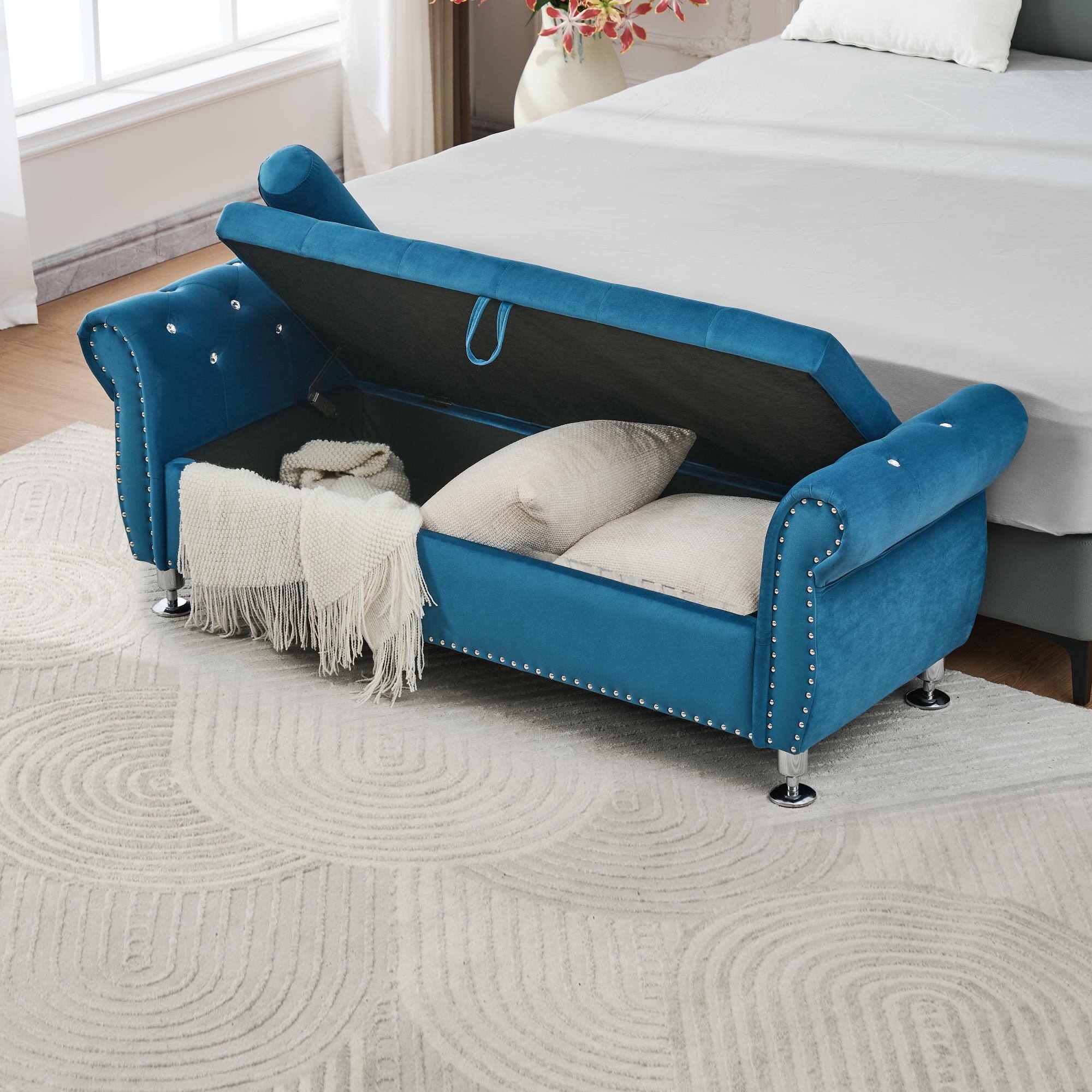 Alt View 5. Boyel Living - 62.2In Blue Velvet Storage Bench w Crystal Buttons&Pillow for Bedroom Living Room - Blue.