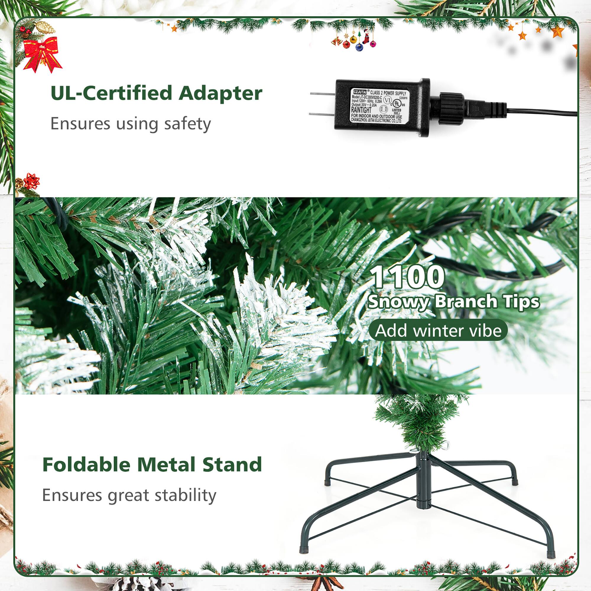 The text on the image is grouped and corrected as follows:

1. UL-Certified Adapter: Ensures using safety
2. 184T CUKK PORCR mL - Cs I n - - N  NO - UTOOON vH Cdas C .  1100 Snowy Branch Tips: Add winter vibe
3. Foldable Metal Stand: Ensures great stability