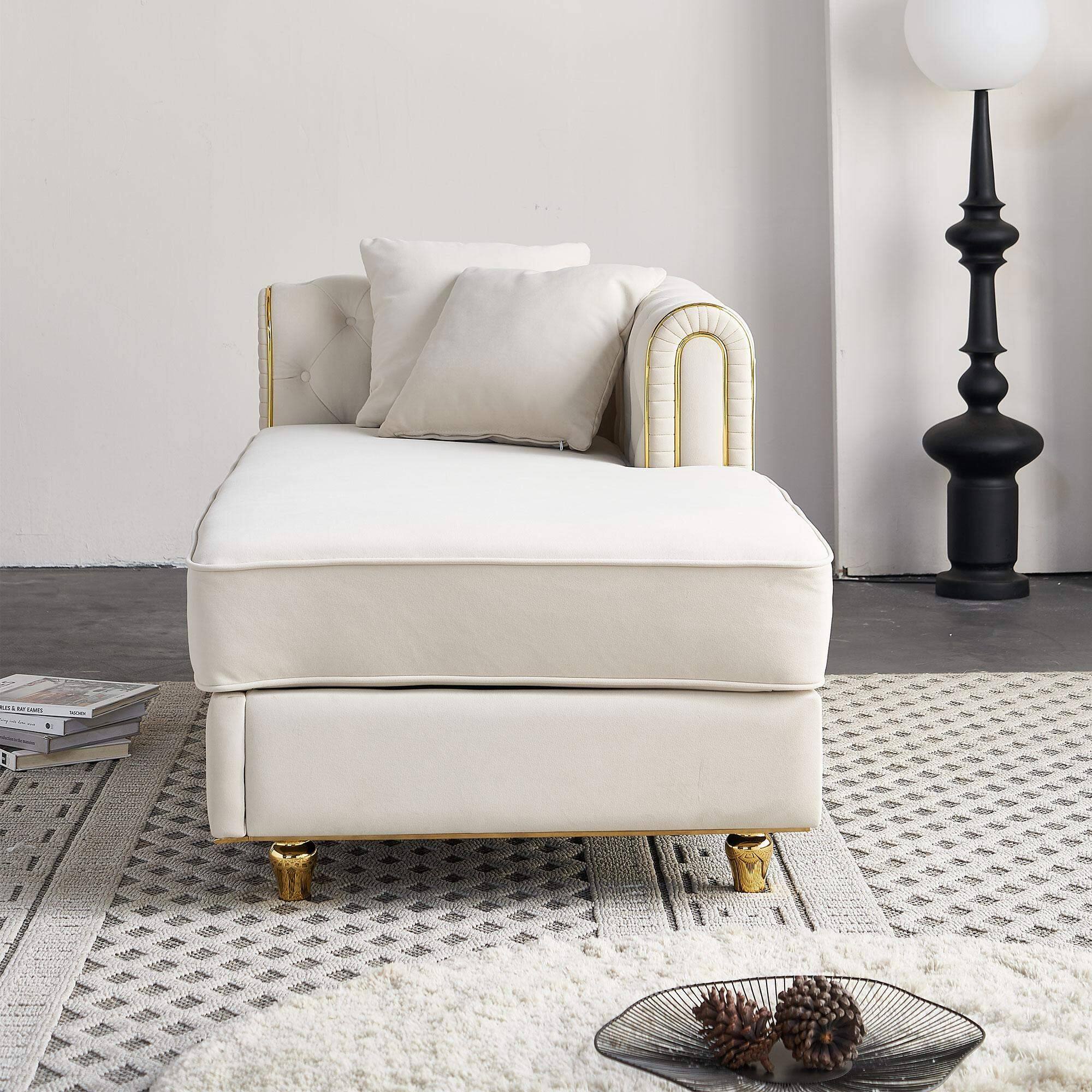 Left. Roomtec - 66.9W Velvet Chaise LoungeLuxury Modern Chaise FurnitureTufted Back with 2pcs toss pillows for Living - Beige.