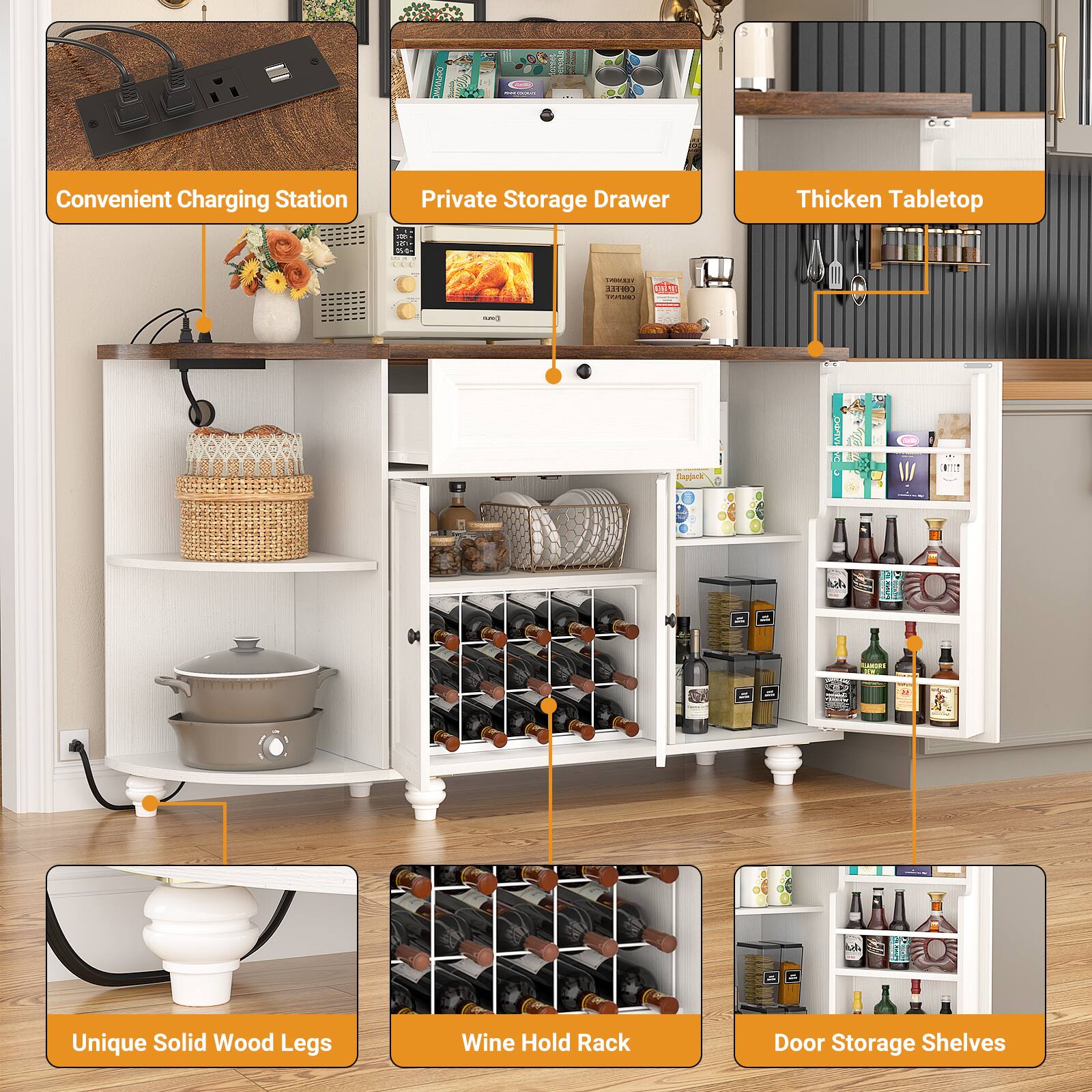 - Convenient Charging Station
- Private Storage Drawer
- Thicken Tabletop
- Unique Solid Wood Legs
- Wine Hold Rack
- Door Storage Shelves