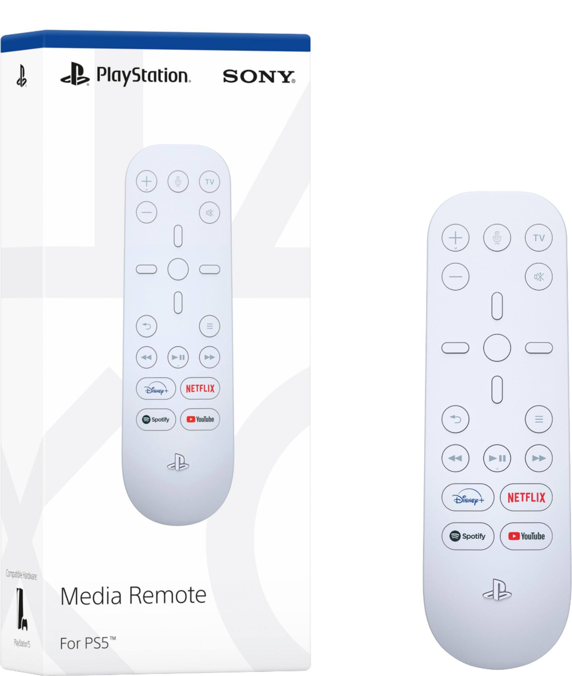 PlayStation  
SONY  

Media Remote  
For PS5™  

Compatible Hardware:  
Padatier's  

TV  
Disney+  
NETFLIX  
Spotify  
YouTube  

Compatible Hardware:  
Padatier's  

TV  
Disney+  
NETFLIX  
Spotify  
YouTube