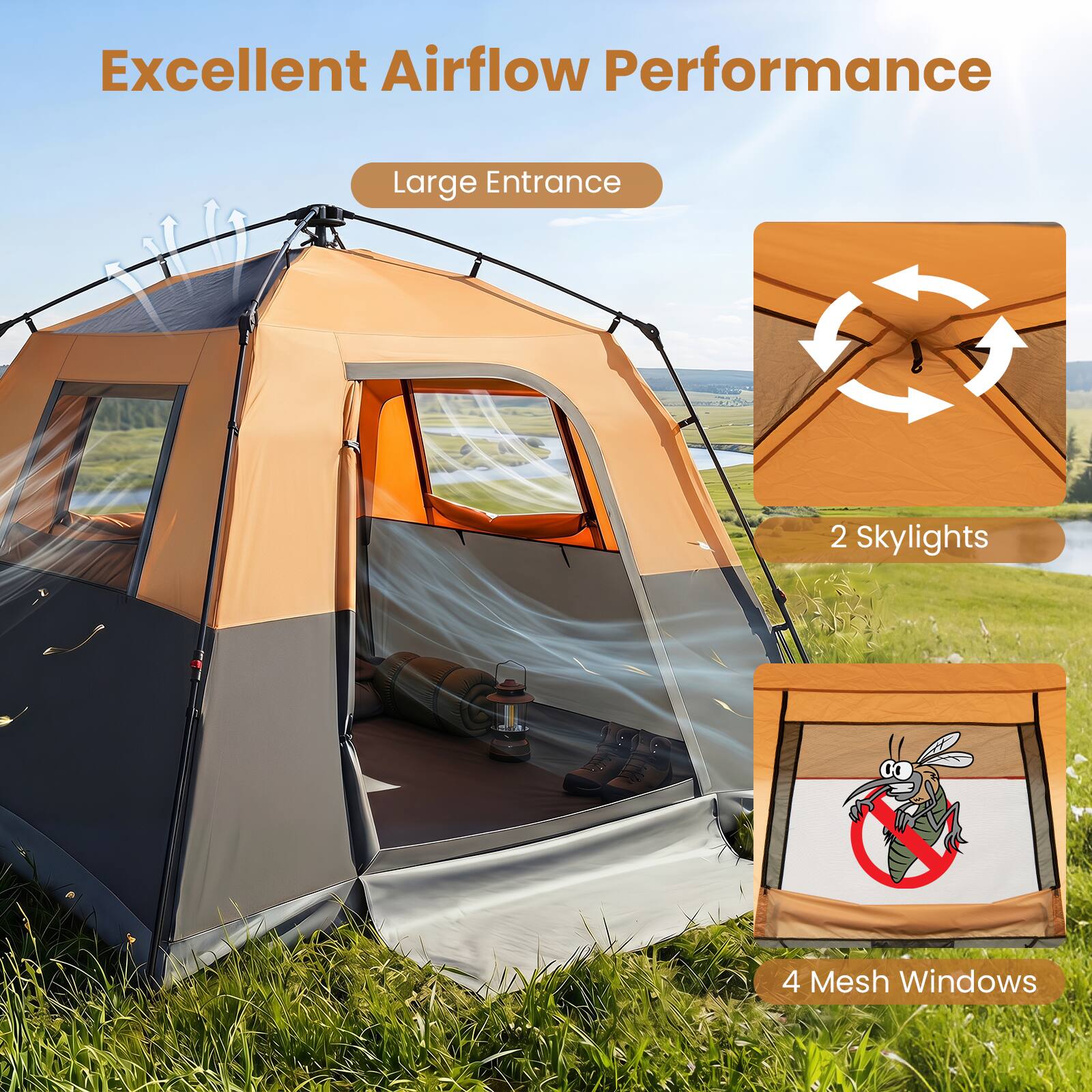 Excellent Airflow Performance  
Large Entrance  
2 Skylights  
4 Mesh Windows