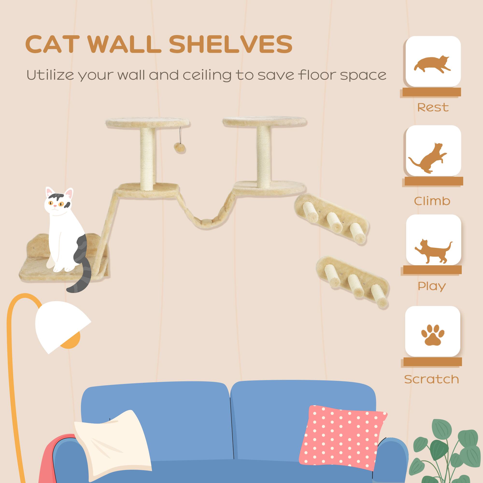 CAT WALL SHELVES  
Utilize your wall and ceiling to save floor space  

- Rest  
- Climb  
- Play  
- Scratch