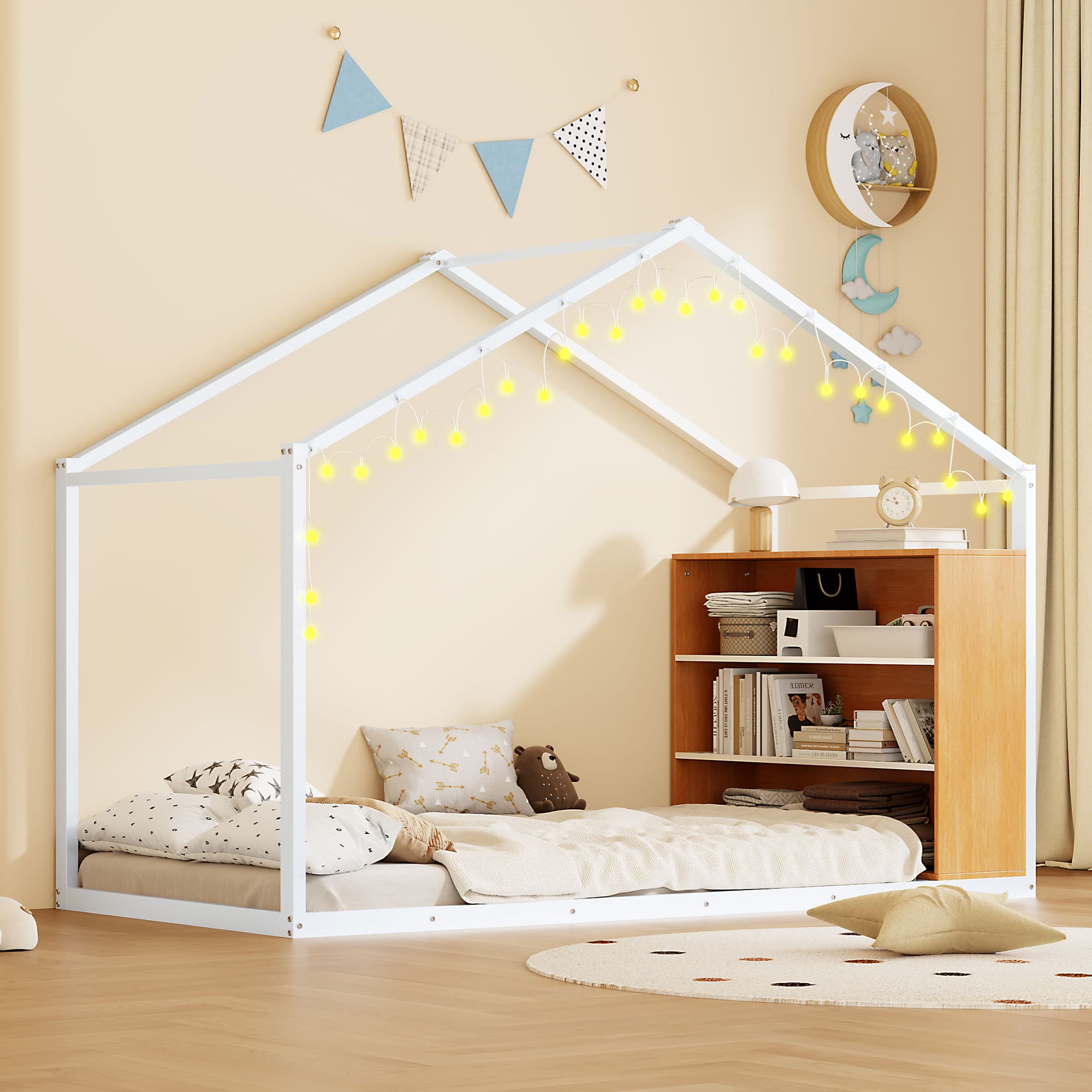 GOODSILO - Twin Size Metal Bed House Bed Frame with Shelves and Lights - White