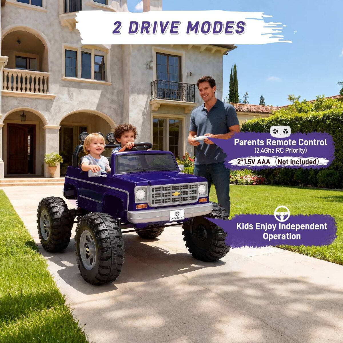 2 DRIVE MODES  
Parents Remote Control (2.4Ghz RC Priority)  
2 x 1.5V AAA (Not included)  
Kids Enjoy Independent Operation