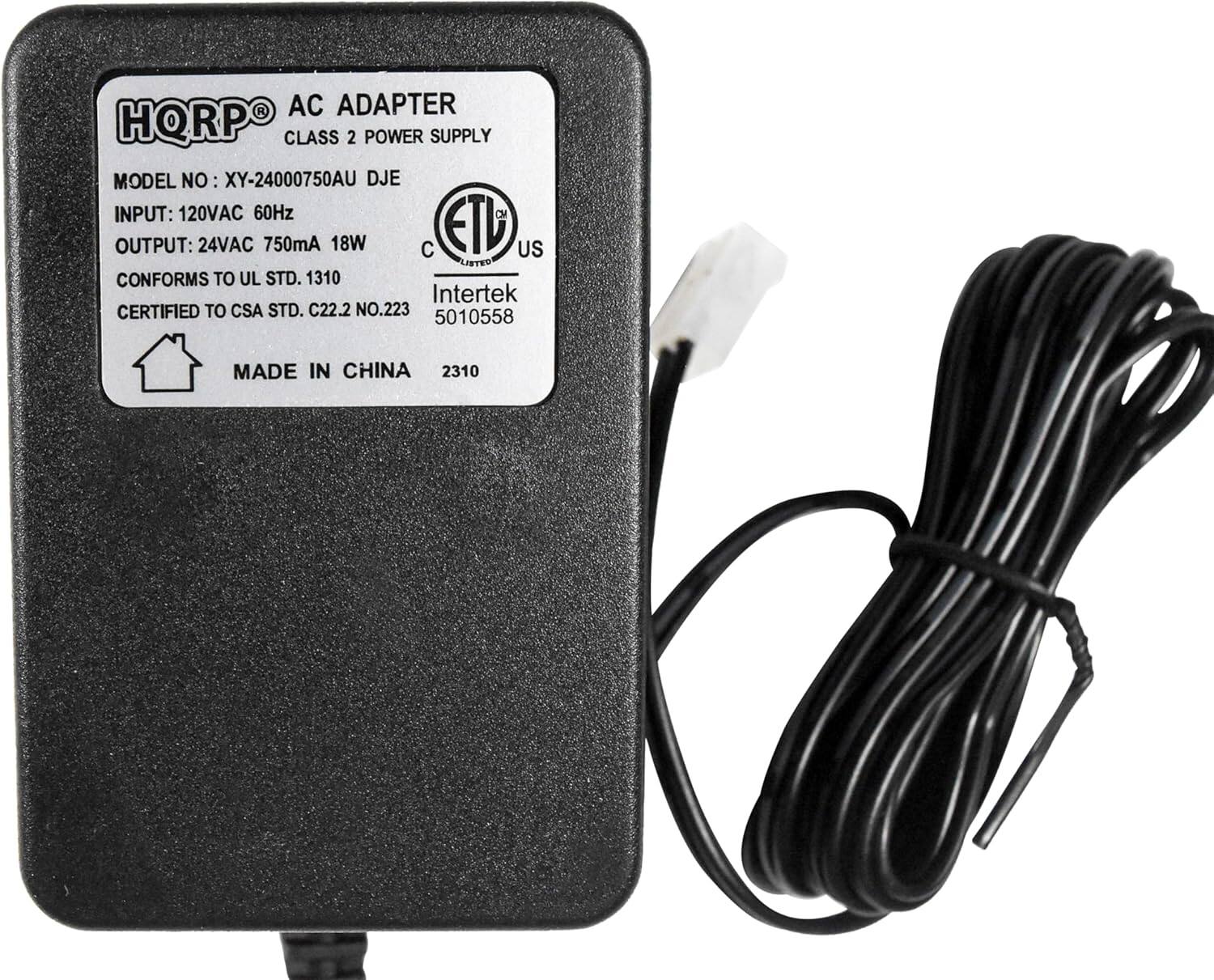 AC ADAPTER  
CLASS 2 POWER SUPPLY  
MODEL NO: XY-24000750AU DJE  

INPUT: 120VAC 60Hz  
OUTPUT: 24VAC 750mA 18W  

CONFORMS TO UL STD. 1310  
CERTIFIED TO CSA STD. C22.2 NO.223  

MADE IN CHINA  

ETL US LISTED  
Intertek CERTIFIED TO CSA STD. C22.2 NO.223 5010558  

2310
