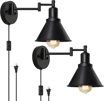 Front. Oumilen - 2 Pack Black Swing Arm Wall Sconces.