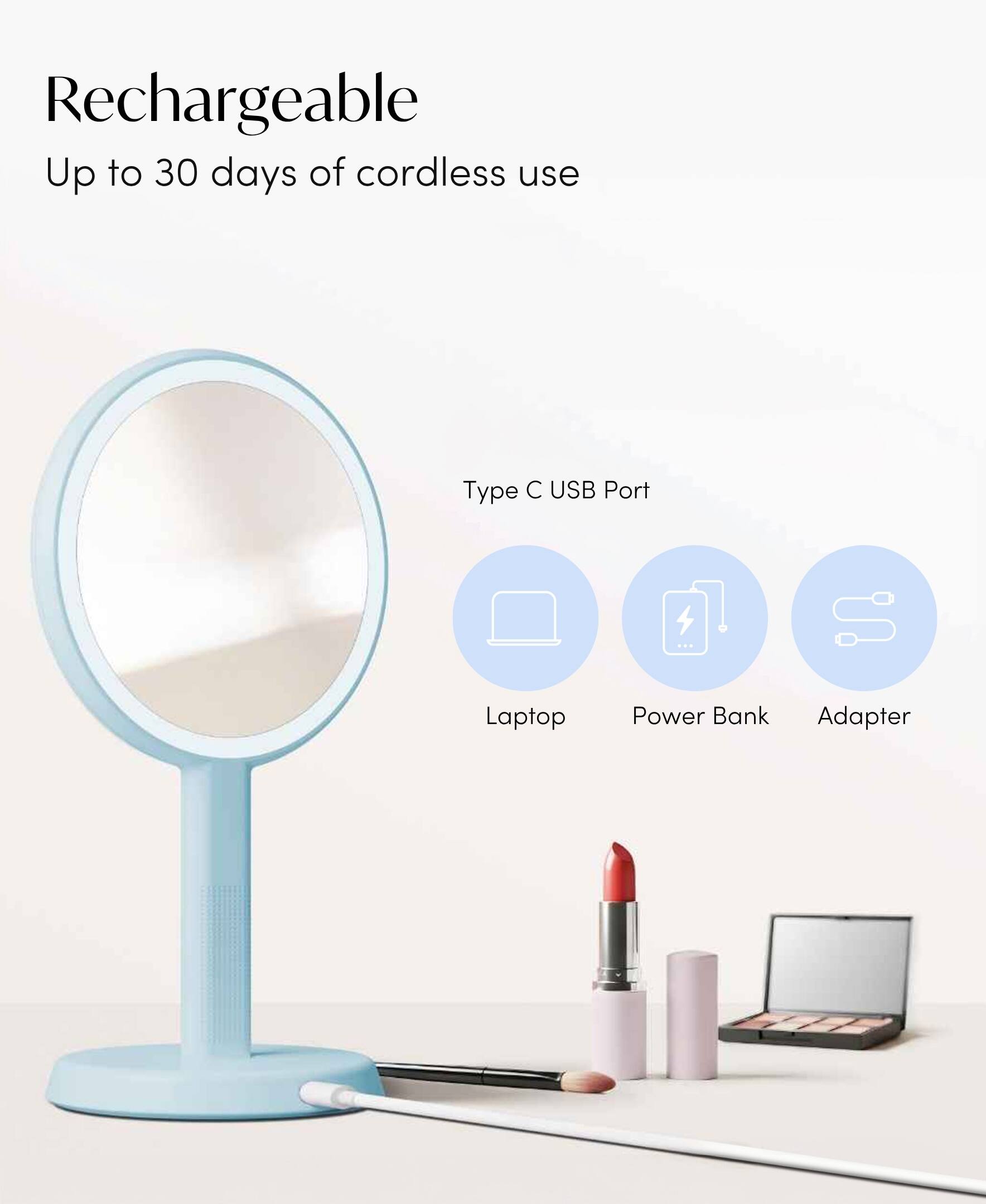 Rechargeable  
Up to 30 days of cordless use  

Type C USB Port  
Laptop  
Power Bank  
Adapter