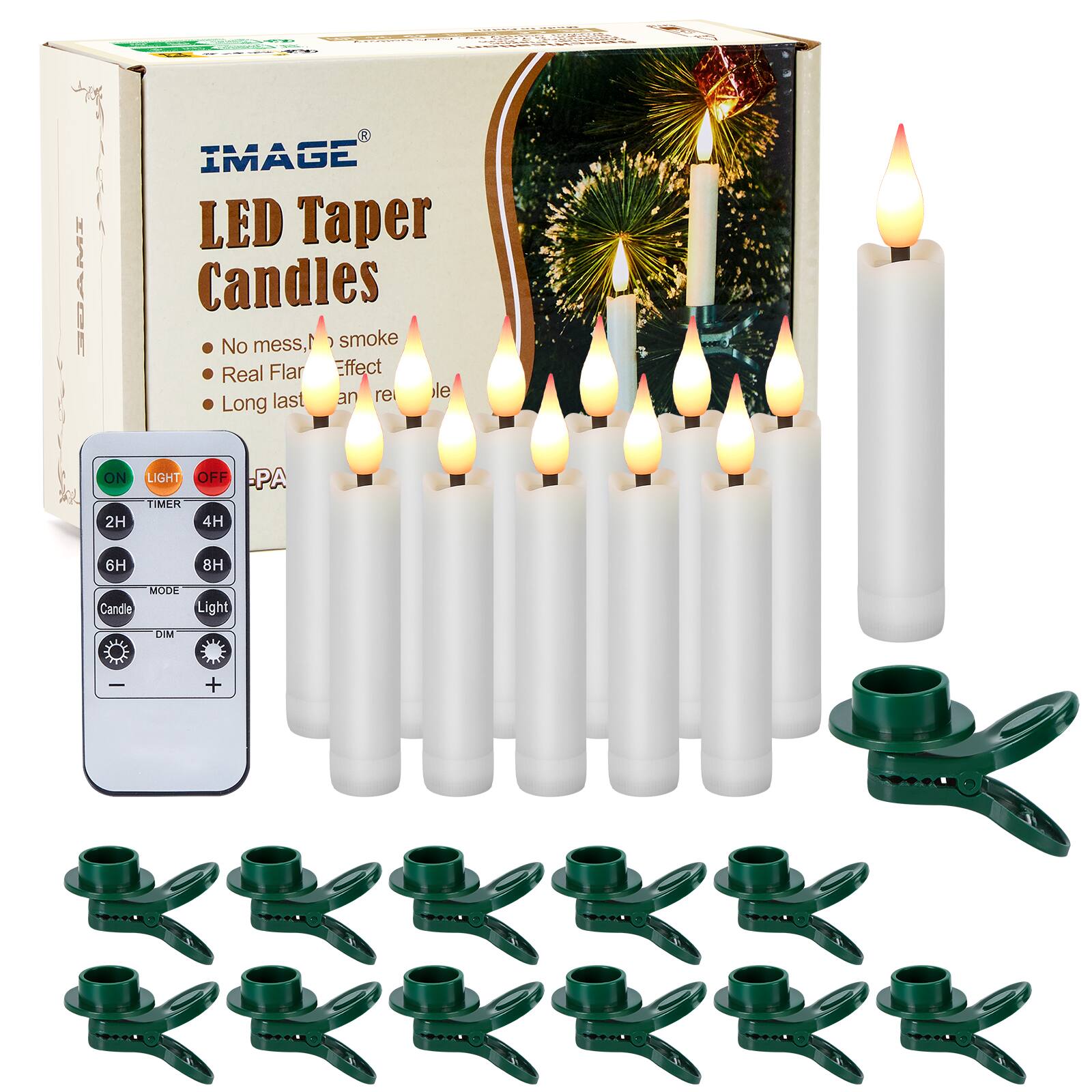 IMAGE  
LED Taper Candles  
No mess, no smoke  
Real Flame Effect  
Long lasting  

TIMER  
2H  
4H  
6H  
8H  

MODE  
Candle Light  
DIM