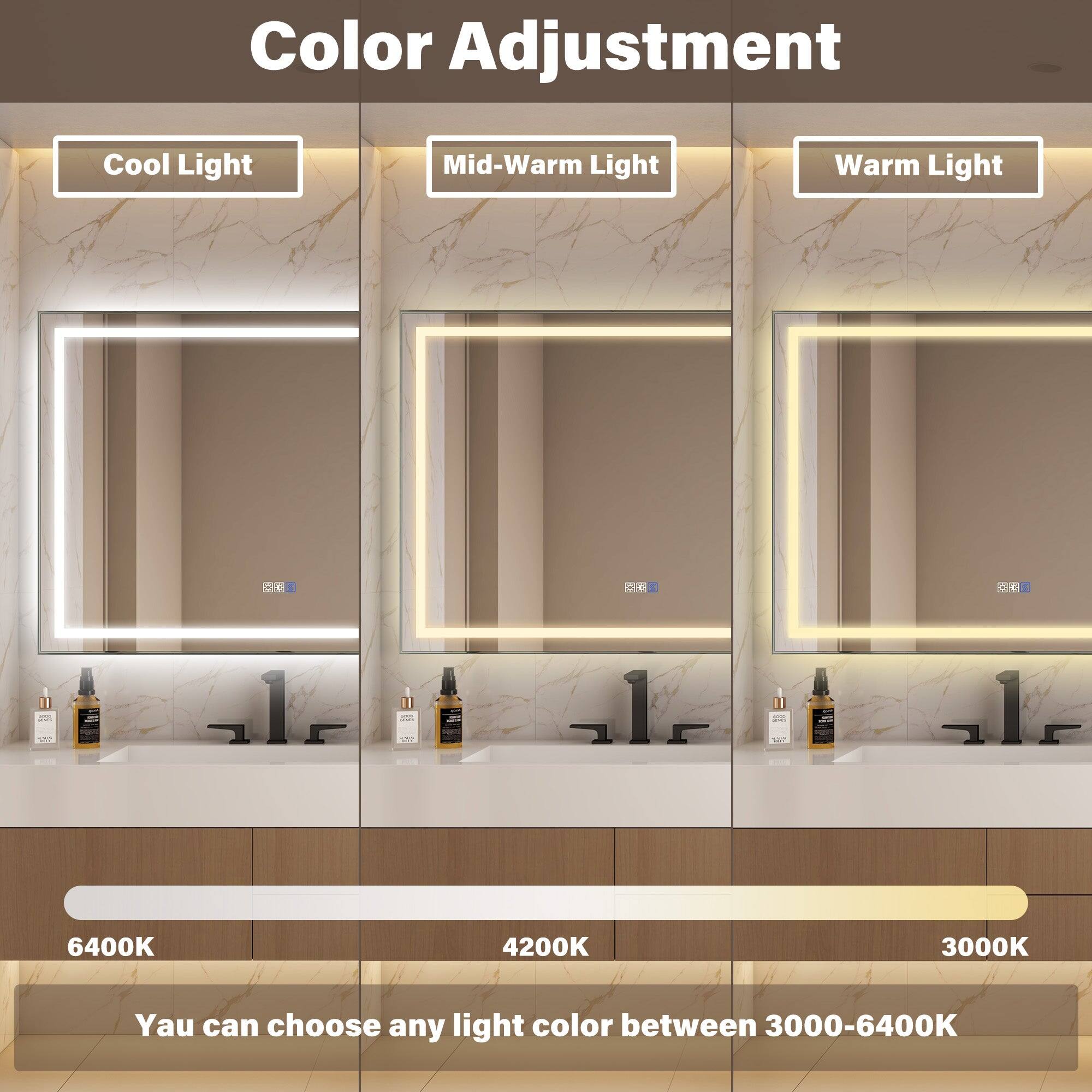Color Adjustment Cool Light Mid-Warm Light Warm Light 6400K 4200K 3000K Yau can choose any light color between 3000-6400K