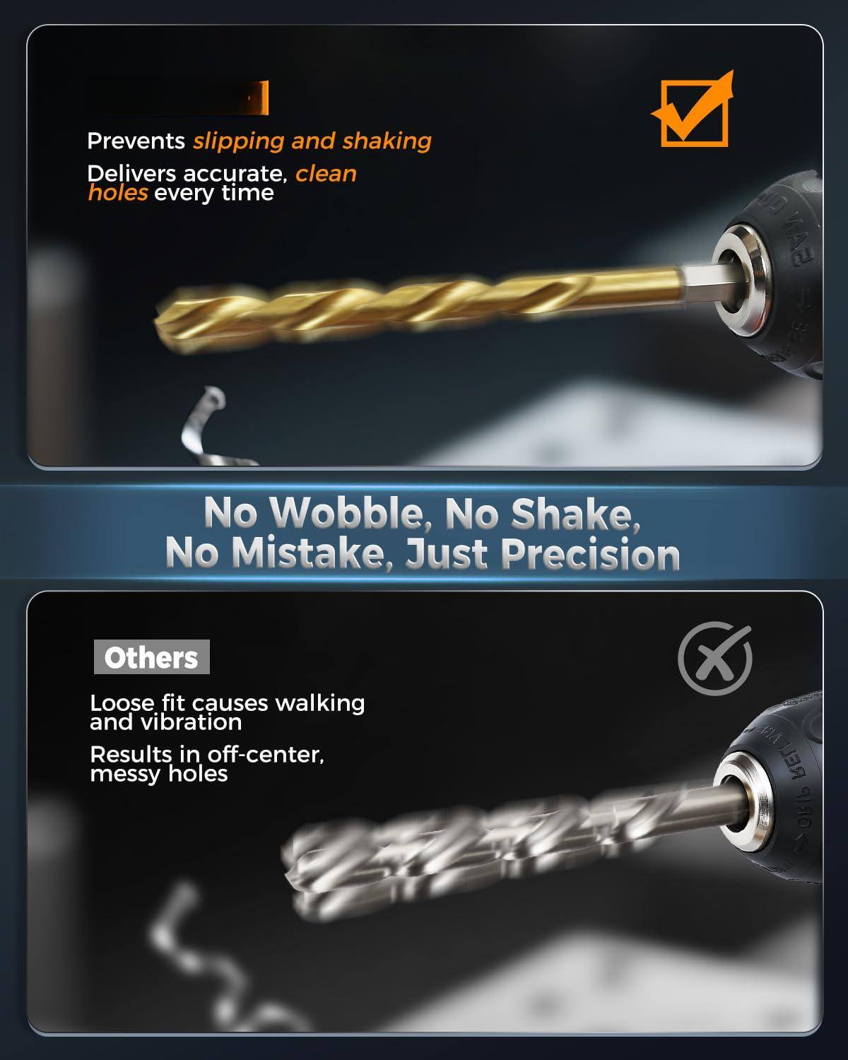 Prevents slipping and shaking  
Delivers accurate, clean holes every time  

No Wobble, No Shake, No Mistake, Just Precision  

Others  
Loose fit causes walking and vibration  
Results in off-center, messy holes