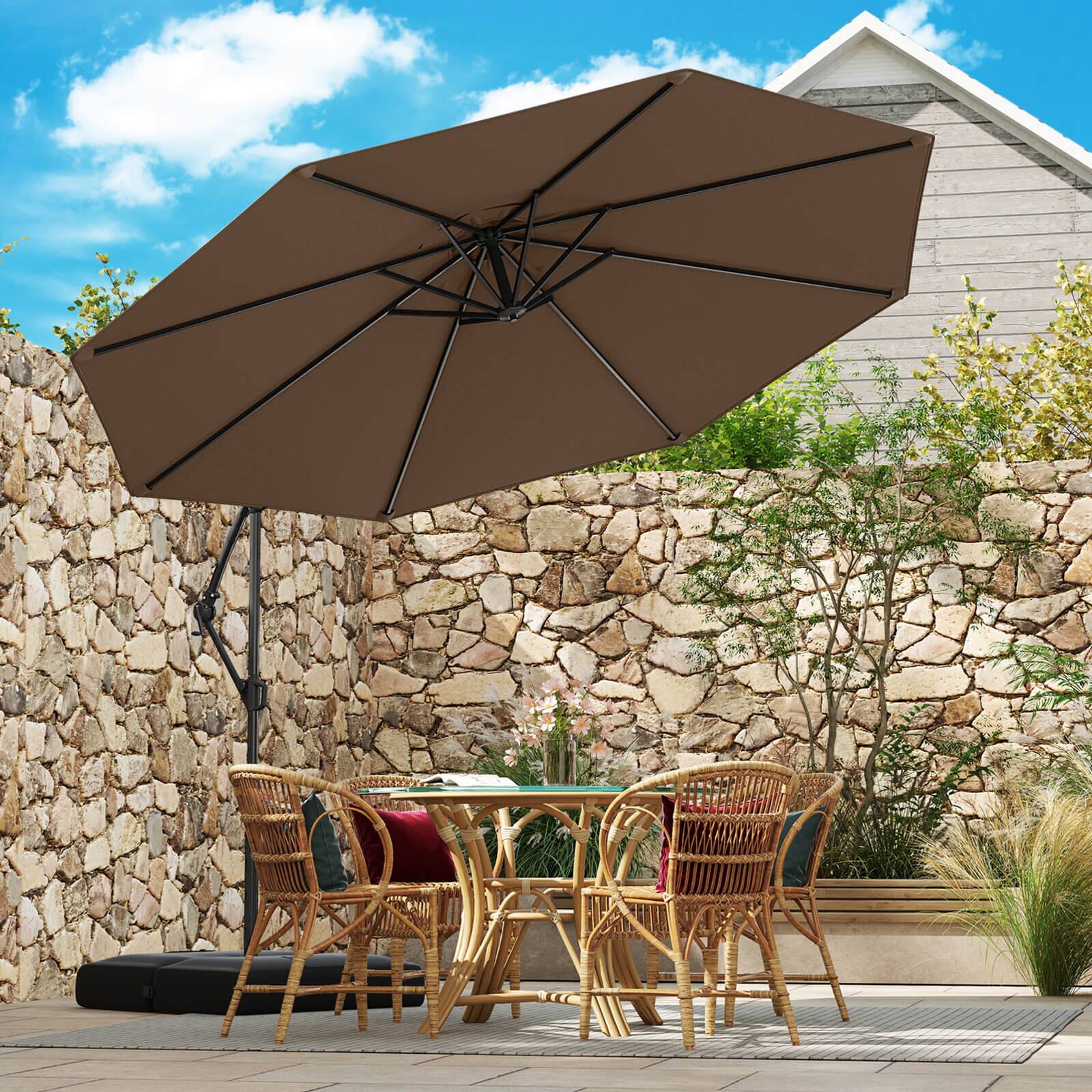 Alt View 3. Costway - Costway 10 FT Offset Hanging Umbrella with Base Patio Cantilever Umbrella 360° Rotation - Brown.