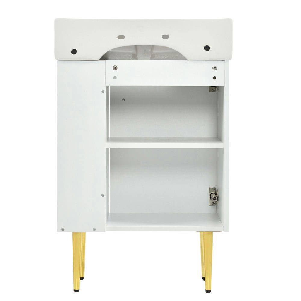 Back. Kadyn - 21.6" white Bathroom vanity, Combo Cabinet, Bathroom Storage Cabinet, Single Ceramic Sink, Right side storage - White.
