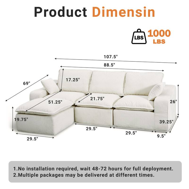 Product Dimension

1000 LBS

107.5" 88.5" 69" 17.25" 51.25" 21.75" 26" 19.75" 29.5" 29.5" 29.5" 39.25" 9.5"

1. No installation required, wait 48-72 hours for full deployment.
2. Multiple packages may be delivered at different times.