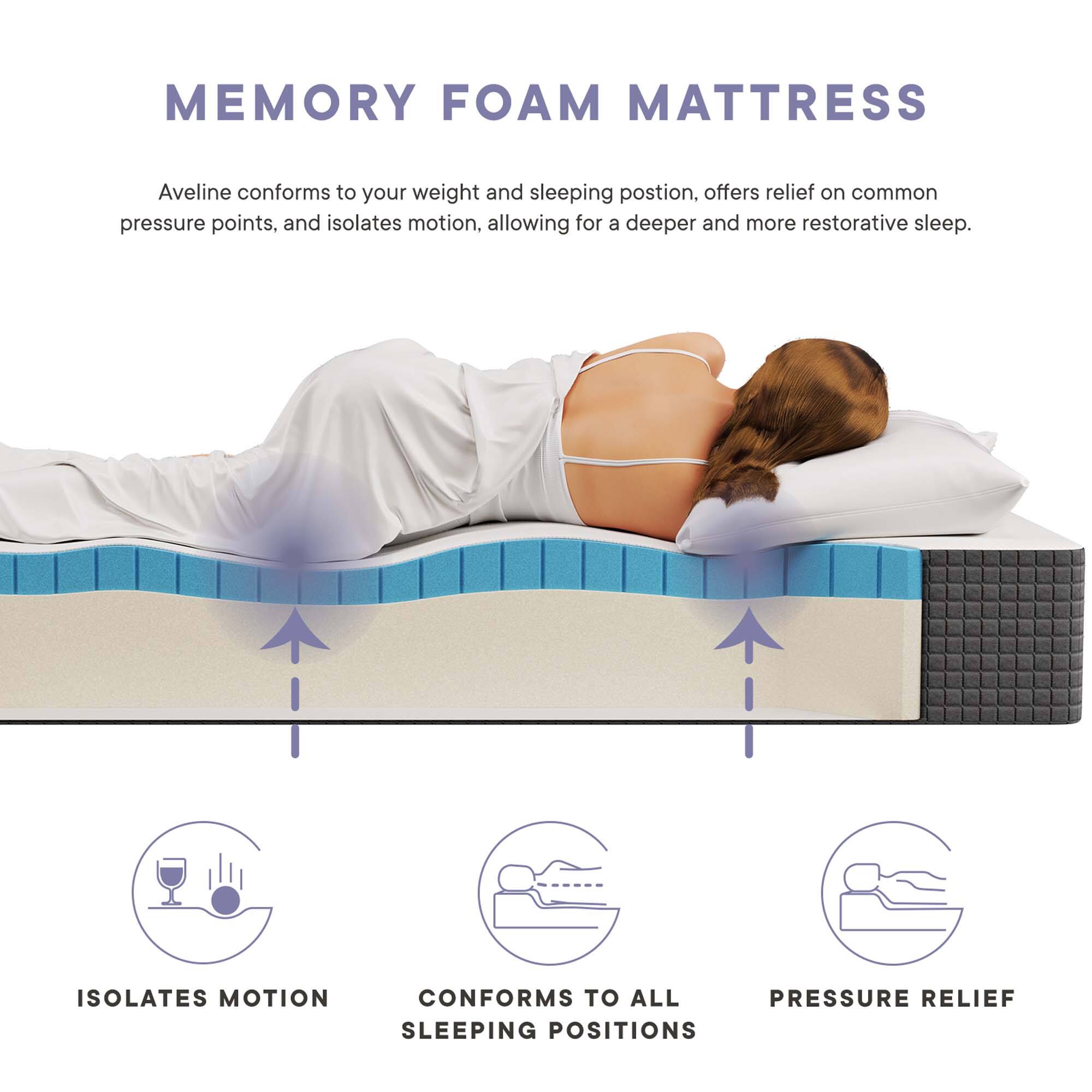 MEMORY FOAM MATTRESS

Aveline conforms to your weight and sleeping position, offers relief on common pressure points, and isolates motion, allowing for a deeper and more restorative sleep.

- ISOLATES MOTION
- CONFORMS TO ALL SLEEPING POSITIONS
- PRESSURE RELIEF