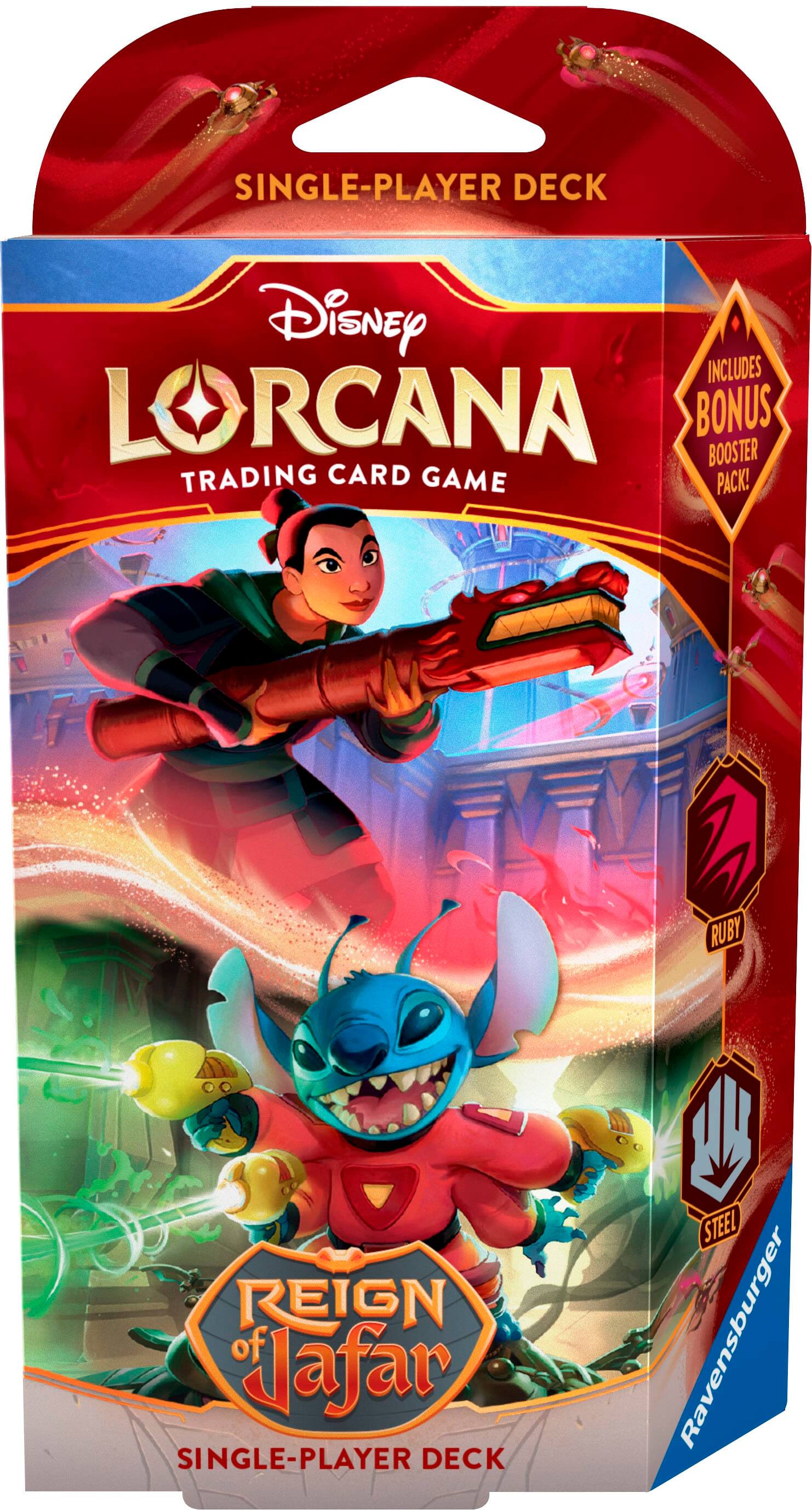 The image features a single-player deck of a trading card game, which includes a bonus booster pack of Lorcana. The pack is designed by Disney and features a character named Ruby. The game is part of the Rubik's Reign of Afar series, and it is manufactured by Rubik's.