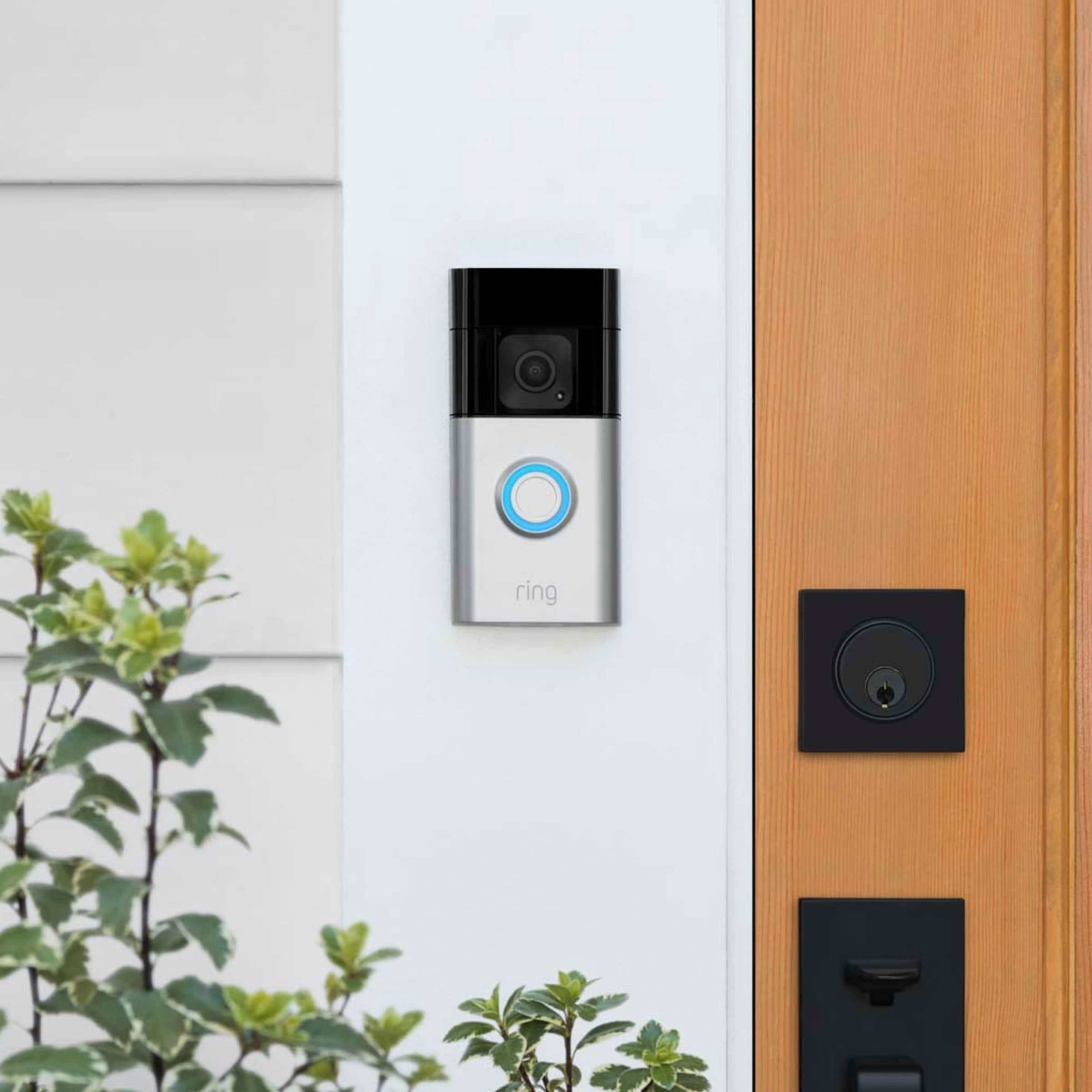 Angle. Ring - Essential Security Set with Battery Doorbell Plus and Indoor Cam - Satin Nickel and White.