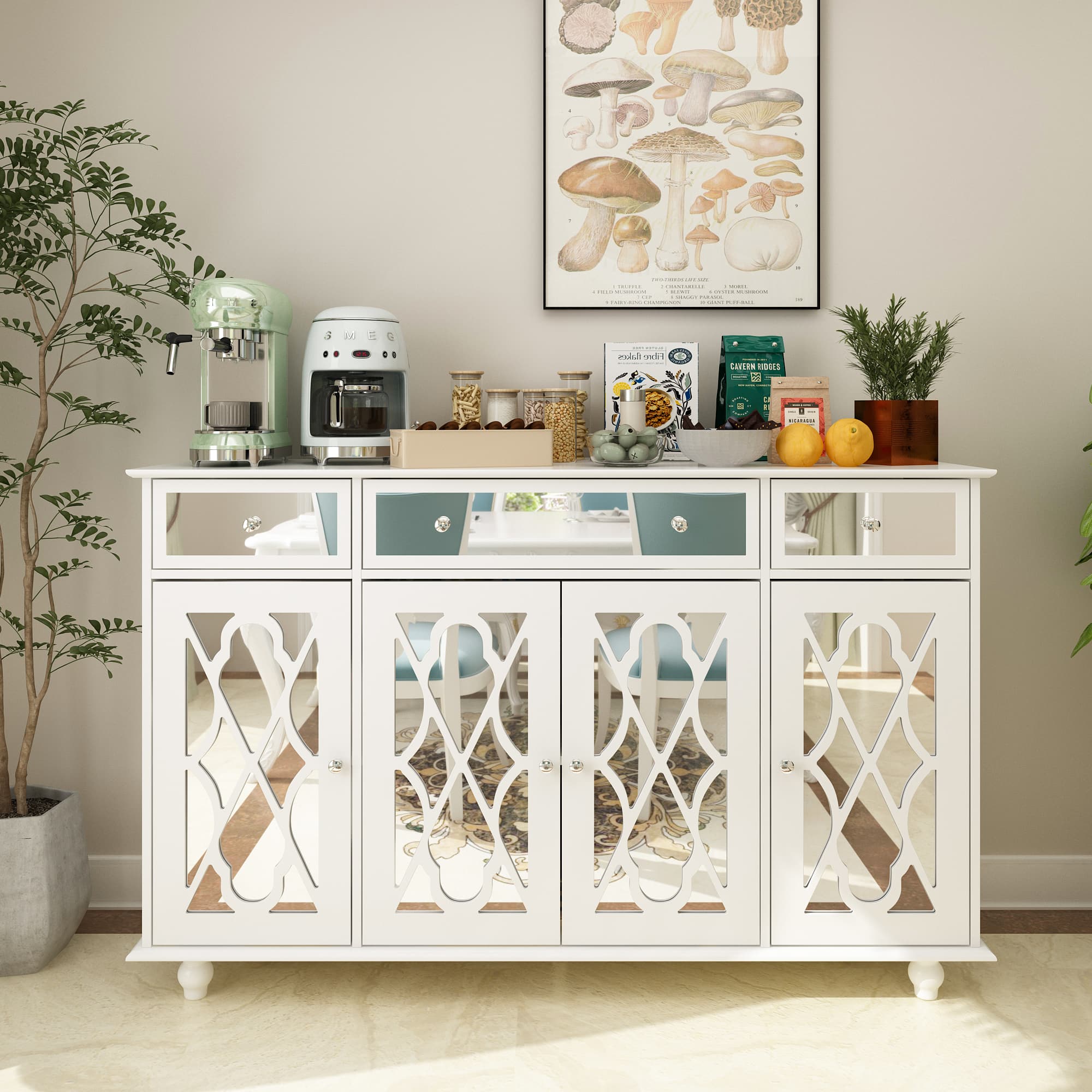 Famapy - Mirrored Carved Sideboard Cabinet, Decorative Storage Buffet for Dining Room or Living Room - White