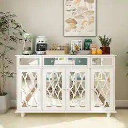 Famapy - Mirrored Carved Sideboard Cabinet, Decorative Storage Buffet for Dining Room or Living Room - White